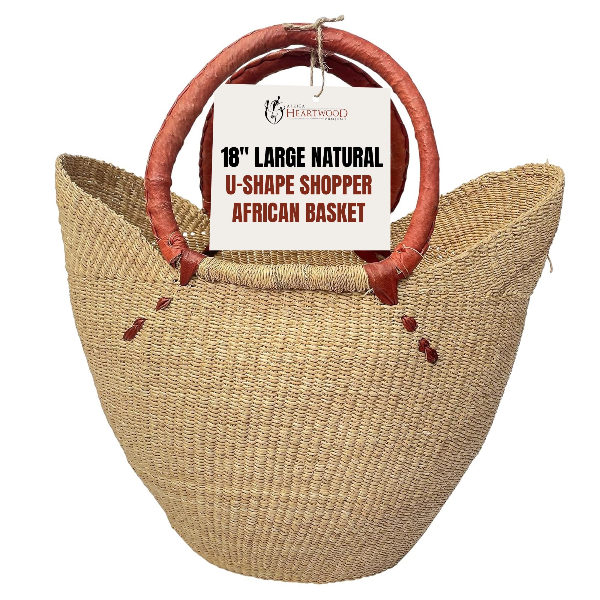 Africa Heartwood Project - Deluxe Large Natural African Shopping Basket with Leather Handle - Classic Heartwood Bolga Market Basket from Women in