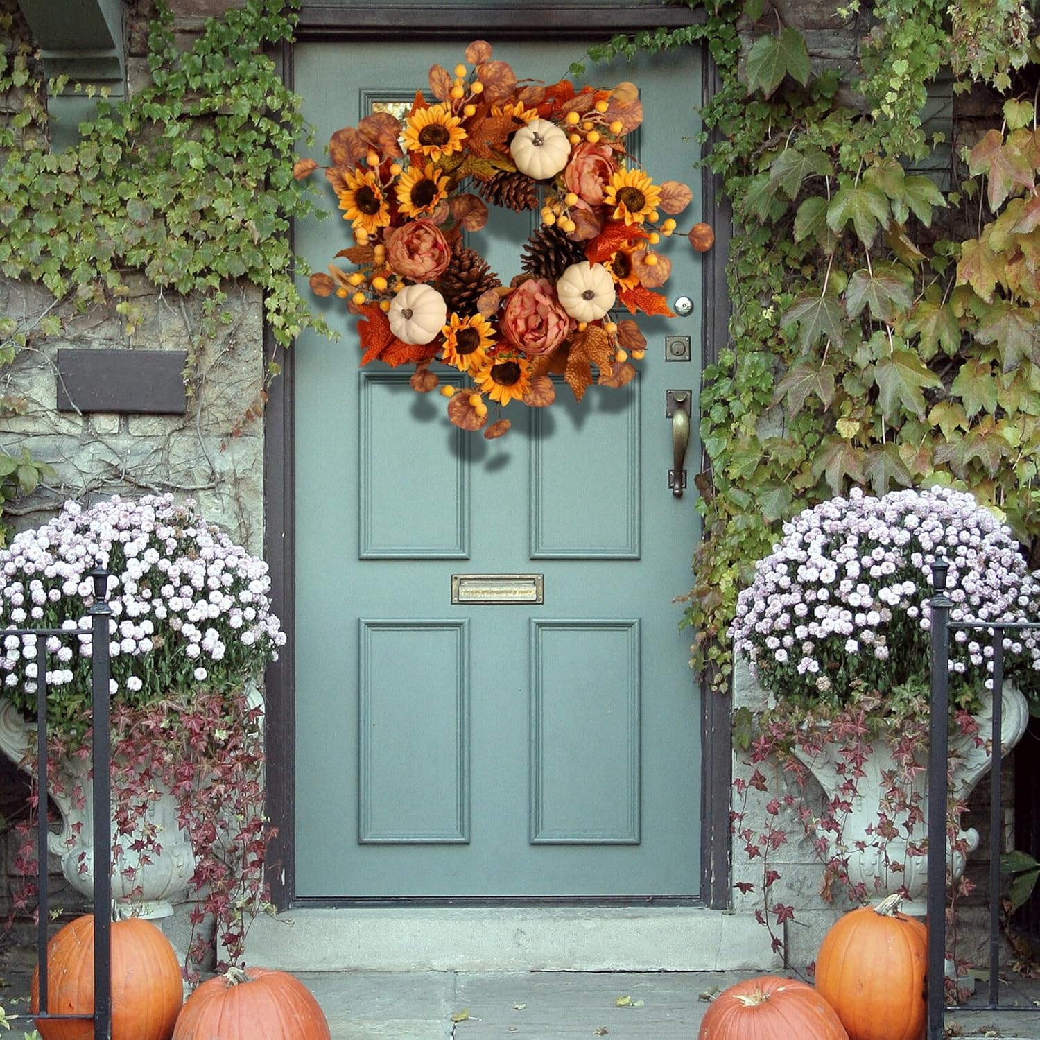 Artificial Fall Autumn Wreath 22 in with Sunflower,Peony,Pumpkin, Eucalyptus Leaf for Front Door Thanksgiving Wreaths Wall Window Harvest Festival Celebration