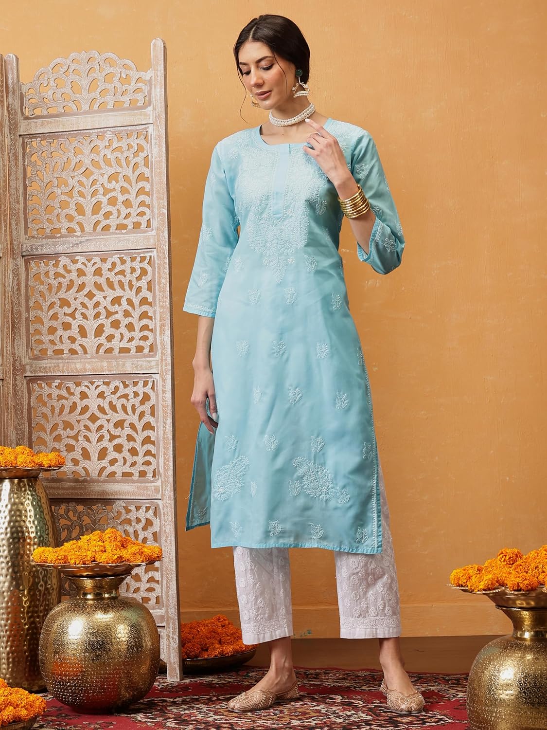 Ada Indian Hand Embroidered Chikankari Straight Cotton Kurti Kurta Tunic for Women A208470 - Image 5