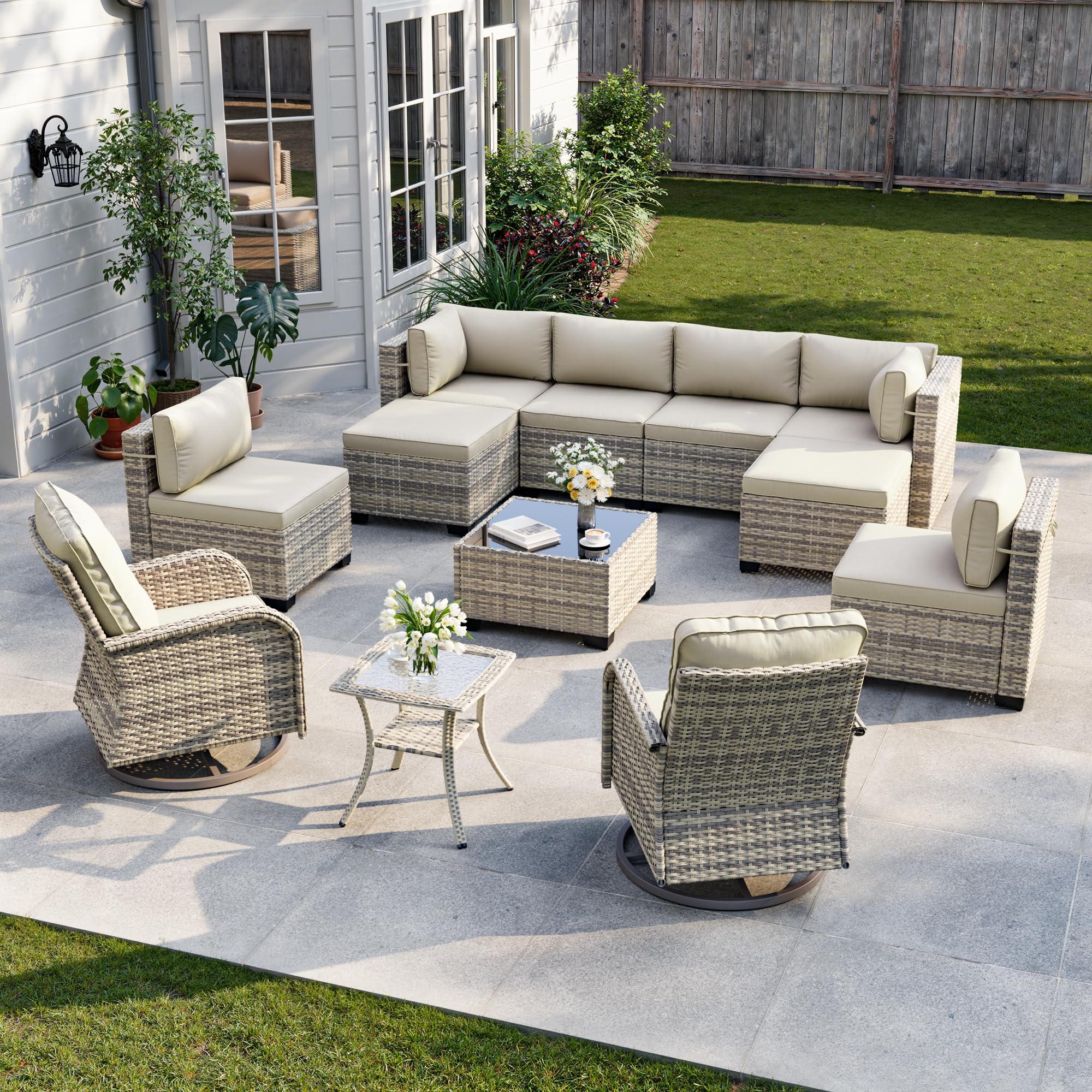 Sweecci 12-Piece Patio Furniture Set, Outdoor Patio Furniture with Swivel Chairs Set, Ottomans, Modular Patio Sofa, Dual-Strand Wicker Rattan,
