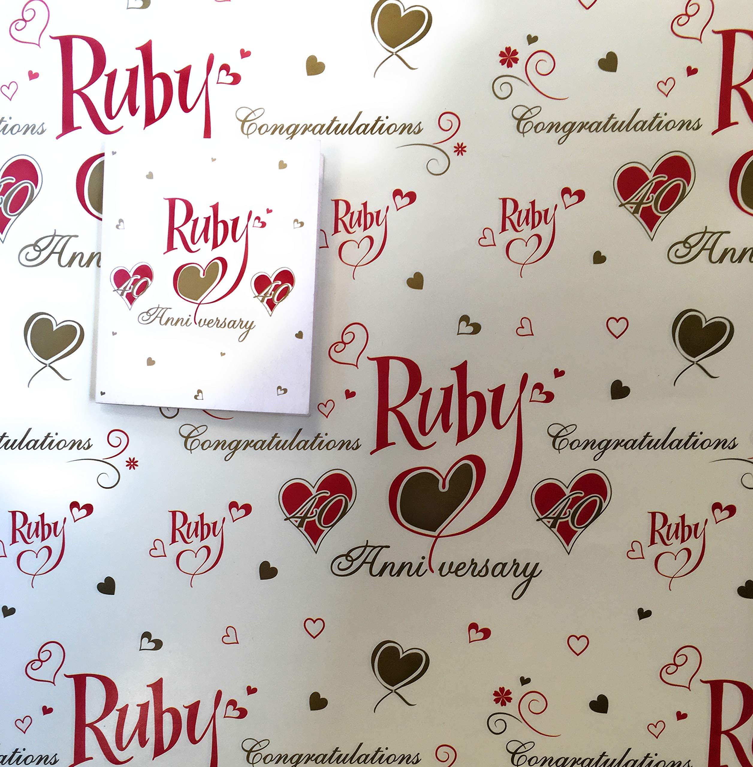 Ruby Anniversary Gift Wrap. High Quality Wrapping Paper for a 40th Wedding Anniversary. (2 sheets 1 tag)