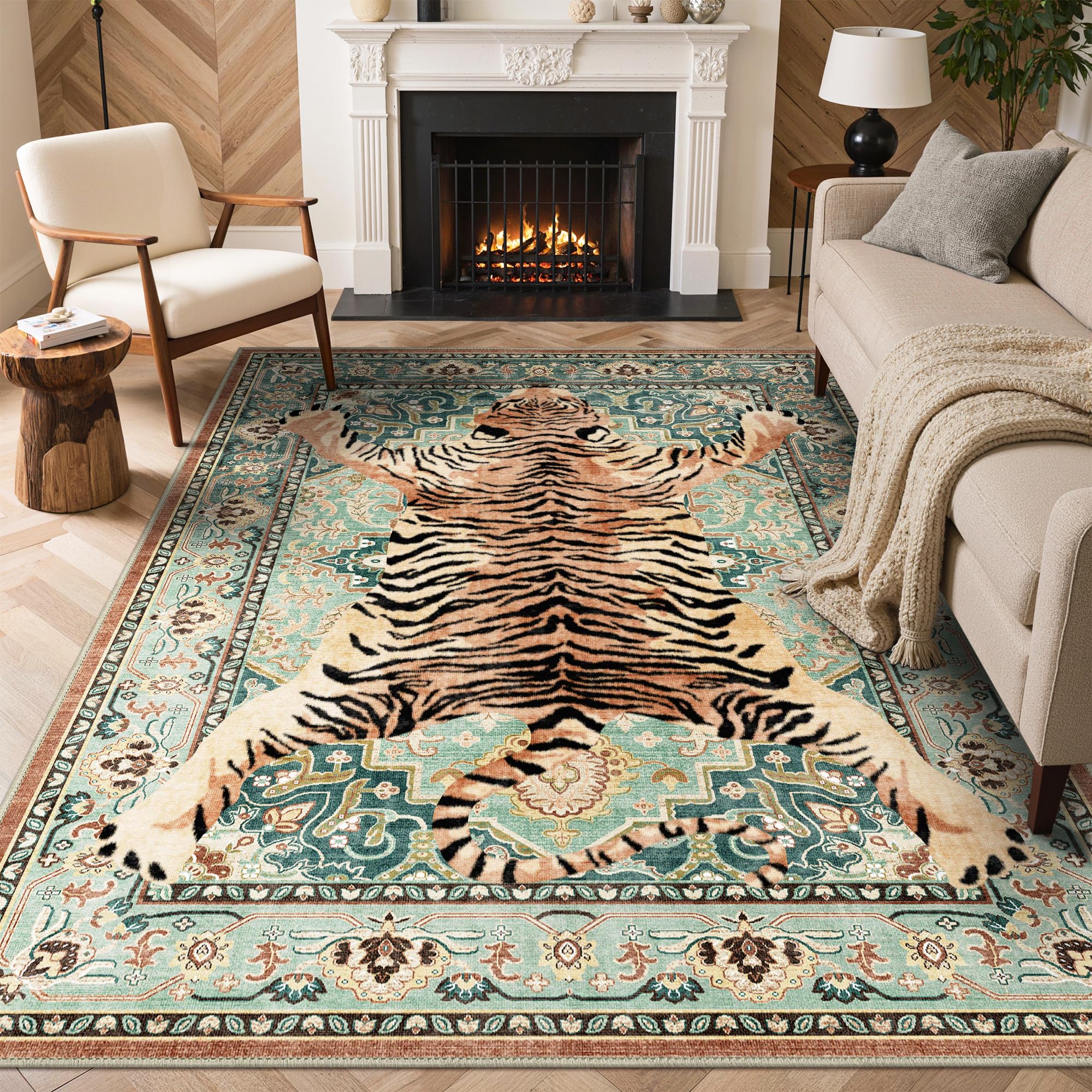 Bavni Tiger Rug 5x7 Animal Tiger Print Rug Washable Jungle Rugs Green — image 1