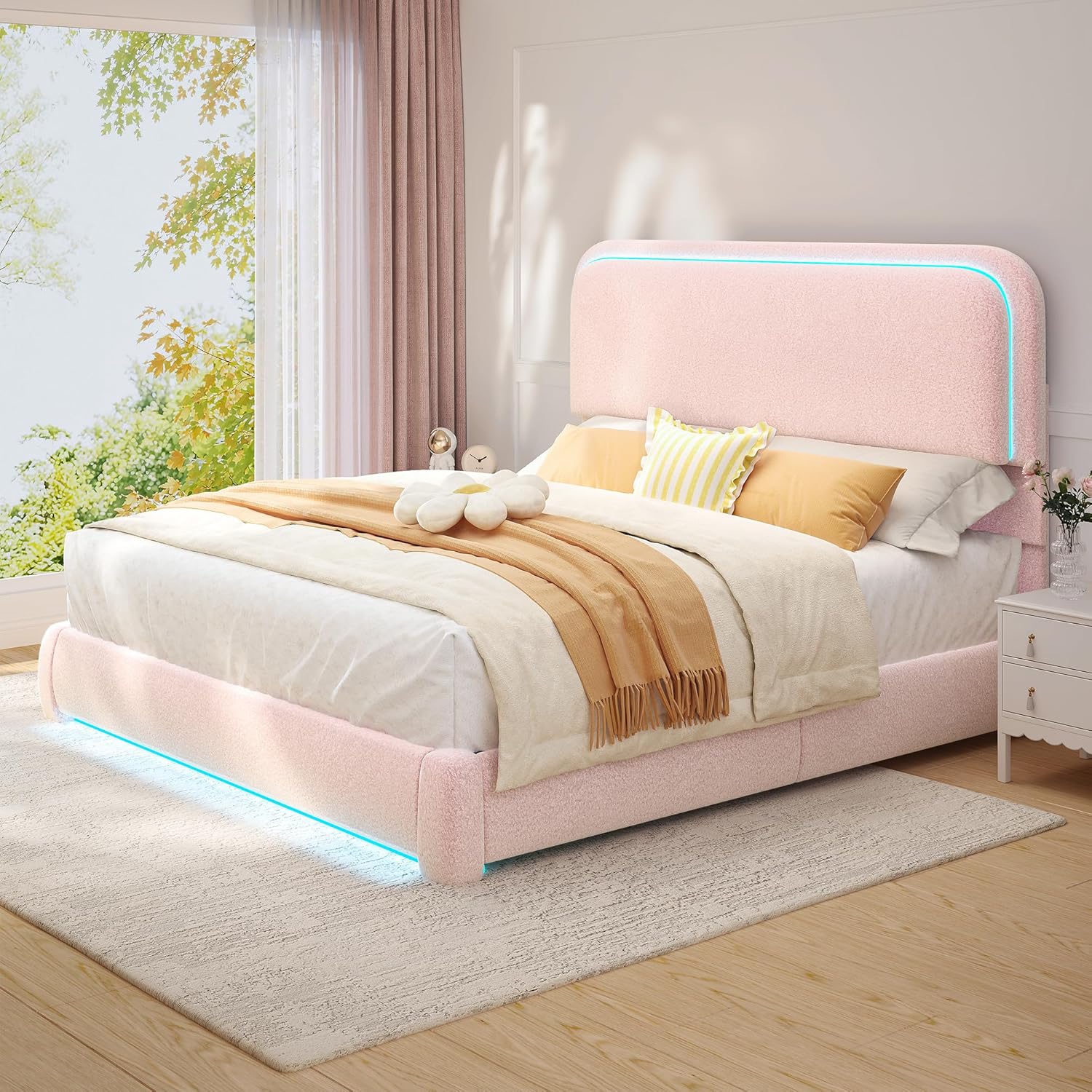 Torana Queen LED Bed Frame with Headboard and Footboard, Curved Shaped Cloud Marshmallow Upholstered Beds, Teddy Fleece Bedframe with Soft Rounded Corners and Strong Slats Support, Pink