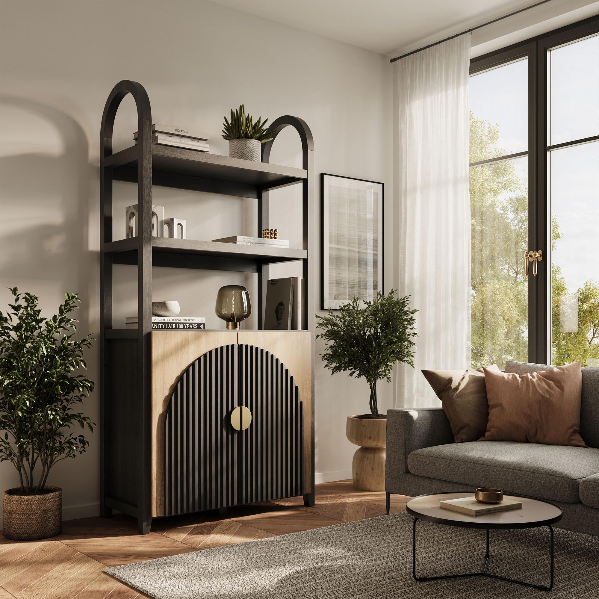 BELLEZE Book Shelf 72" Tall Arched Bookcase with Storage, 5 Tier Mid Century Modern Fluted Bookshelf with Doors, Modular Bookshelves for Living Room Office Library (Camel)