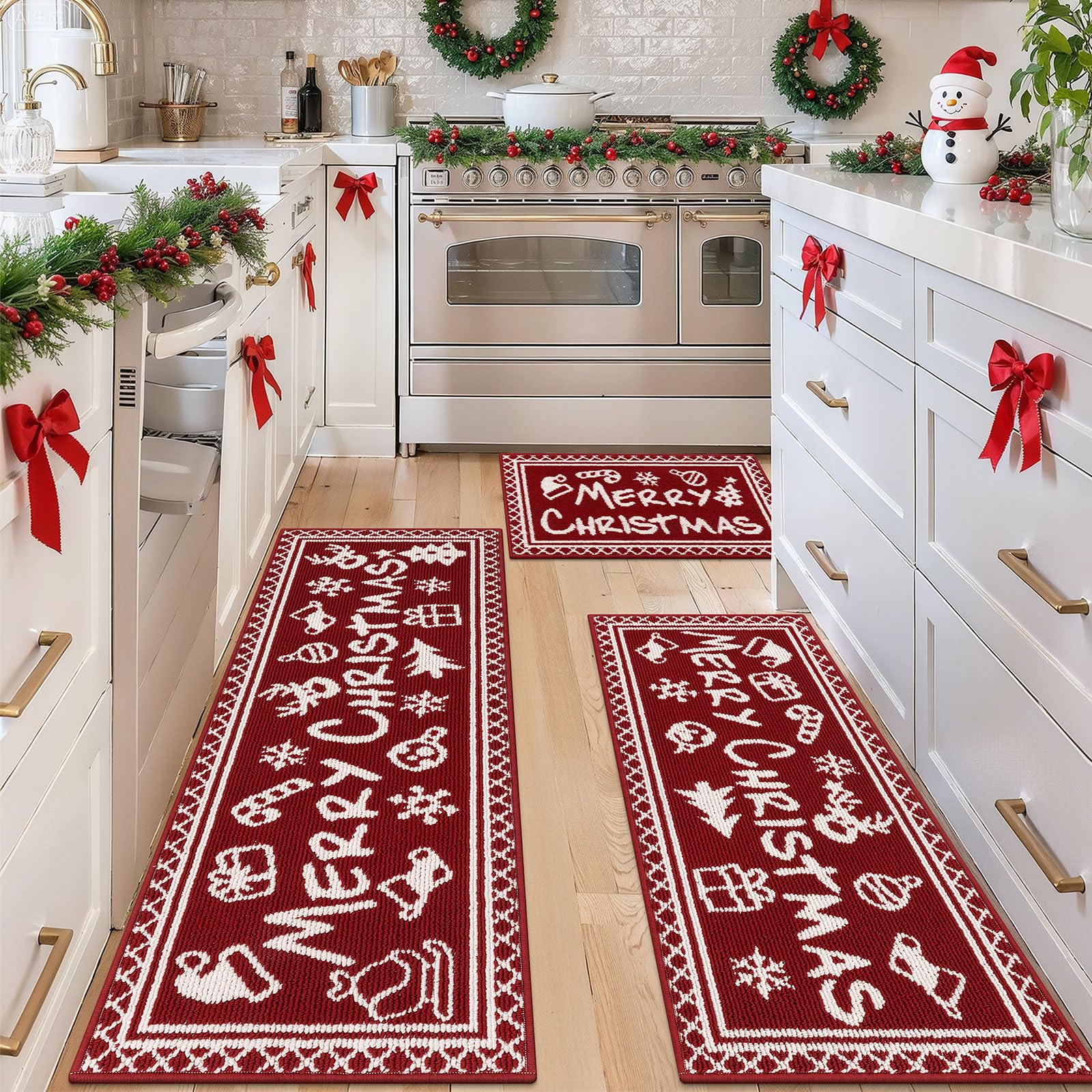 HEBE Christmas Kitchen Rugs Sets Of 3, Non Slip Christmas Tree Rug For Kitchen, Farmhouse Kitchen Mats For Floor Washable Floor Carpet Set For Winter Xmas Holiday Decoration