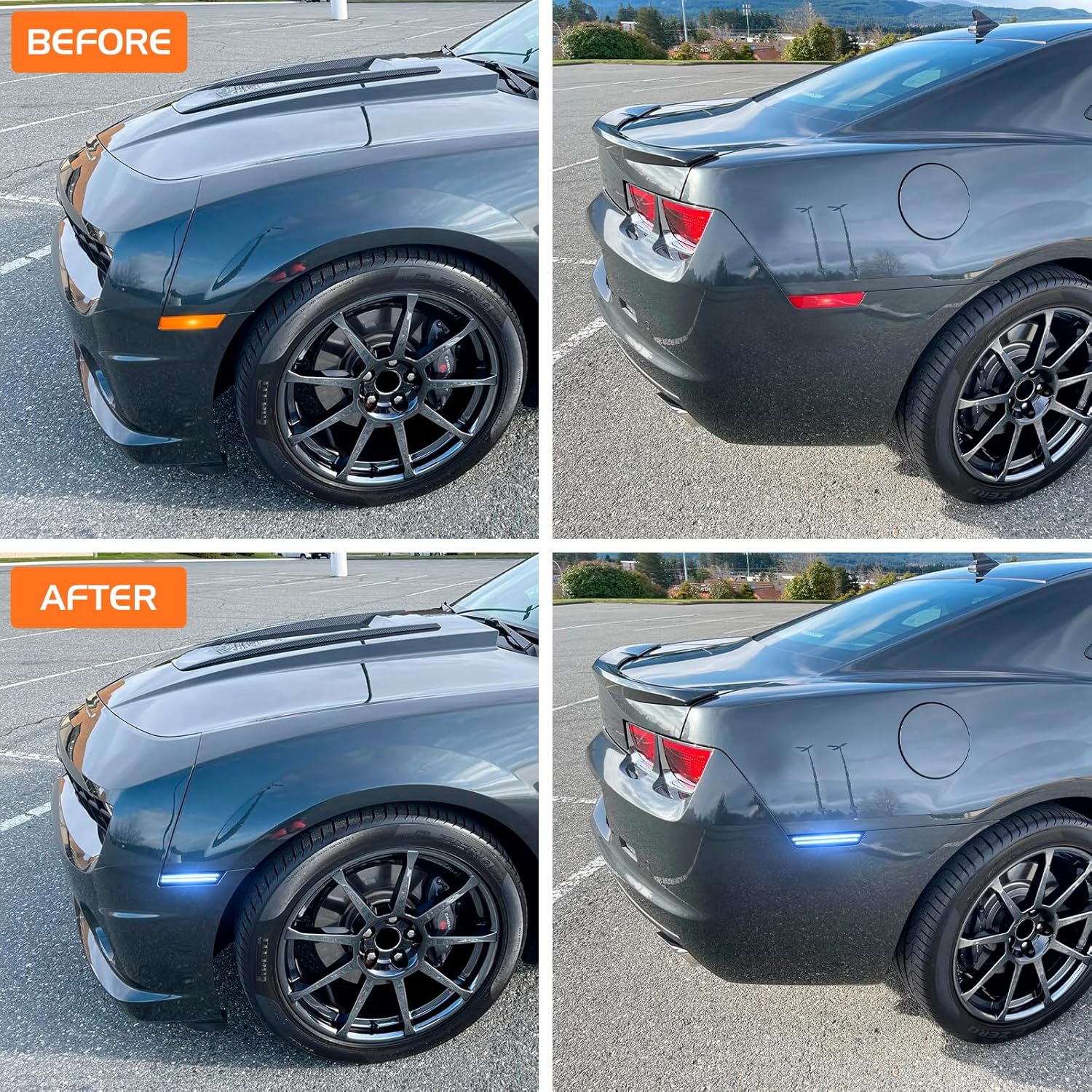 Dynamic Blue LED Side Marker Lights Front Rear Bumper Marker Lamps for 2010-2015 Chevy Camaro, Smoked Lens Fender Sequential Reflectors 4PCS