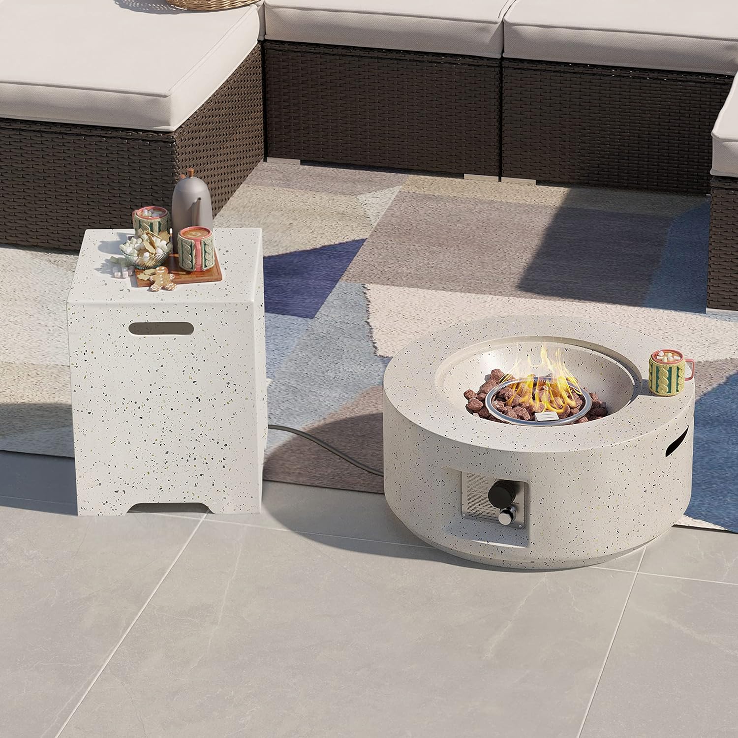 SUNBURY Outdoor 28 Inch Propane Fire Pit Table, Round Fire Table w Tank Table, 40,000 BTU Spotted White Patio Gas Fire Table Waterproof Cover, Lava Rocks