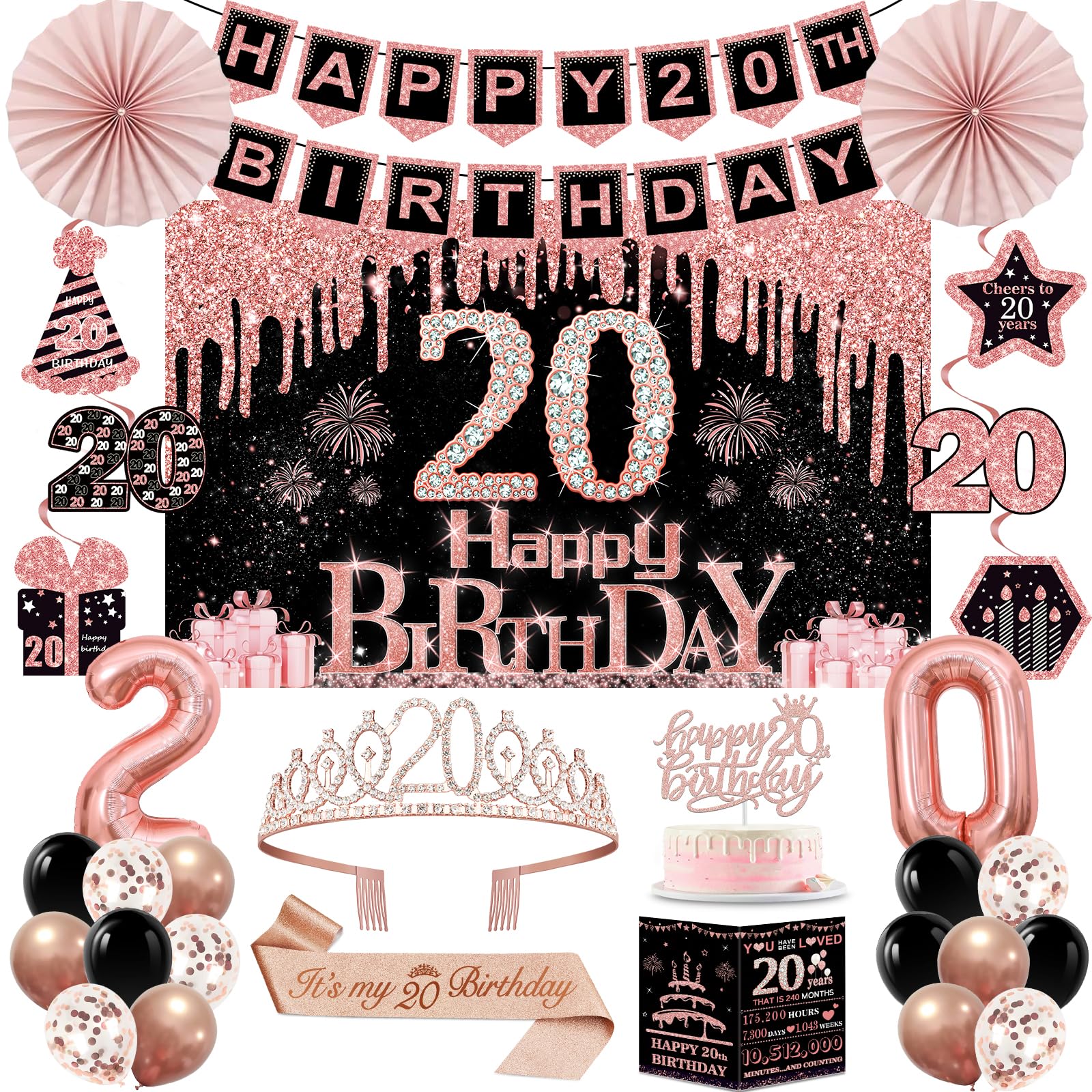 20th Birthday Decorations for Women, 32pcs 20th Birthday Party Decorations, Including Backdrop, Crown, Sash, Banner, Hanging Swirl, Cake Topper, Balloons, Anniversary Card, Paper Fans โ image 1