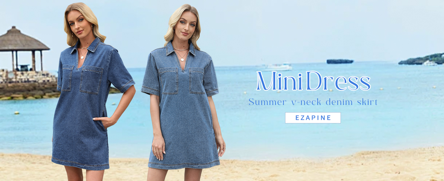 EZAPINE Women Blue Denim Dress Summer Deep V Half Sleeve Casual