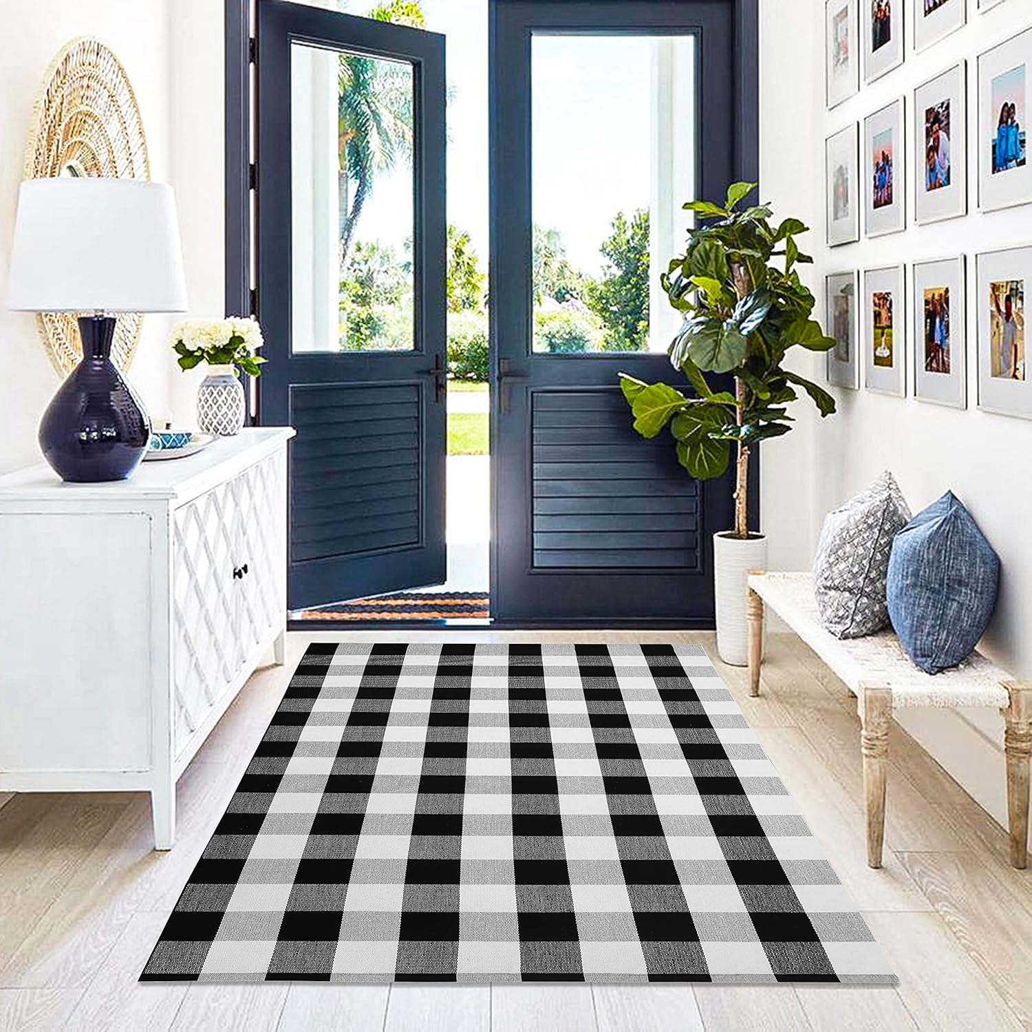 KILOCOCO 4x6 Buffalo Plaid Checkered Rug Outdoor Indoor Black and White Rugs Front Door Rug Low Pile Cotton Washable Front Porch Rugs Layered Doormats for Living Room Bedroom Kitchen Farmhouse Entry