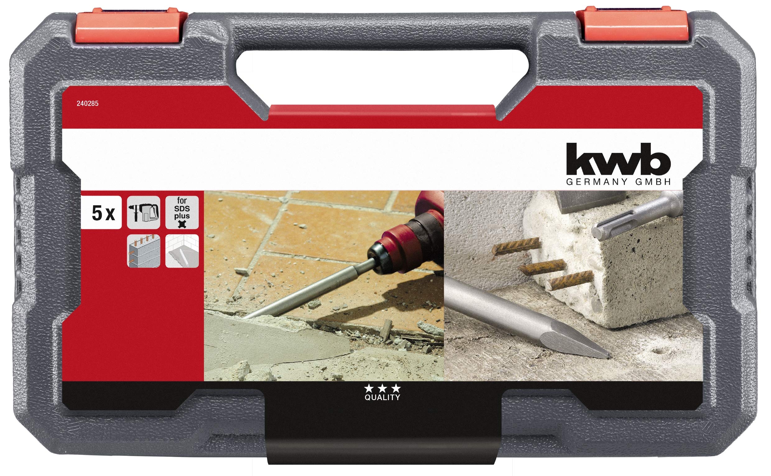 kwb SDS-Plus Jeu de burins marteau, jeu de 5 burins pour la pierre et le béton dans un coffret en plastique