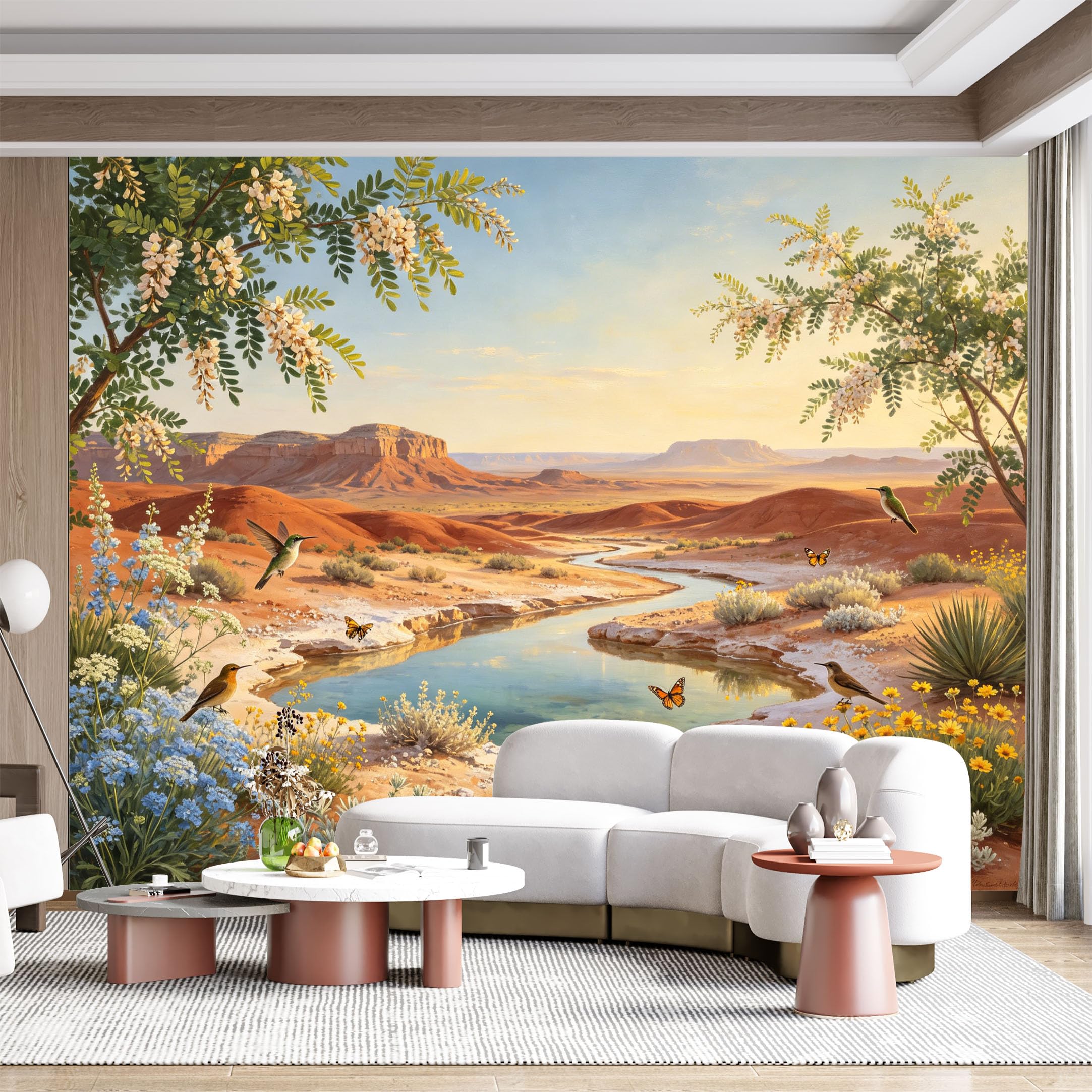 Custom Size Wall Mural Desert Oasis Serene Landscape Oil Painting Butterflies Hummingbirds SelfAdhesive Wall Fabric Removable for Home Office Decor