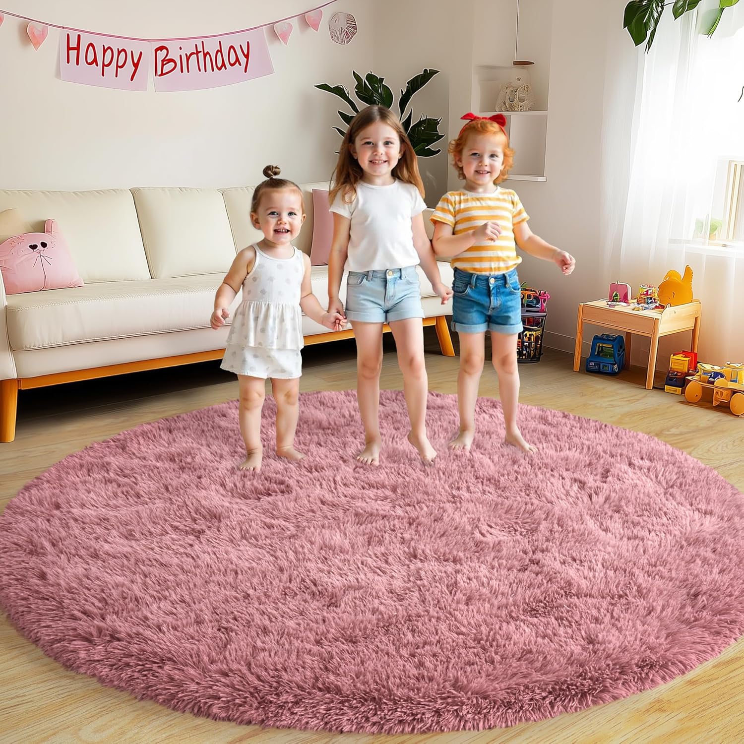 Round Fluffy Rugs 6Ft for Girls Bedroom, Blush Pink Shag Circle Kids Rug Non-Slip for Bedside Dorm Nursery Playroom, Soft Cute Area Rugs for Living Room Decor 6' (Round) Blush