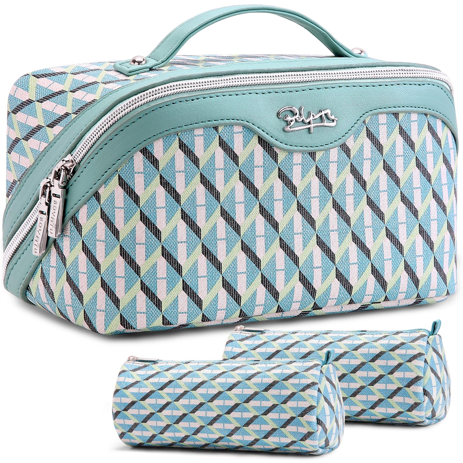 Photo 1 of BOYATU Travel Makeup Bags for Women: Large Capacity Cosmetic Bag Set of 3 - Vegan Leather Make up Bags with Compartments - Wide Open Waterproof Toiletry Organizer Bag with Handle (P-02-Blue)