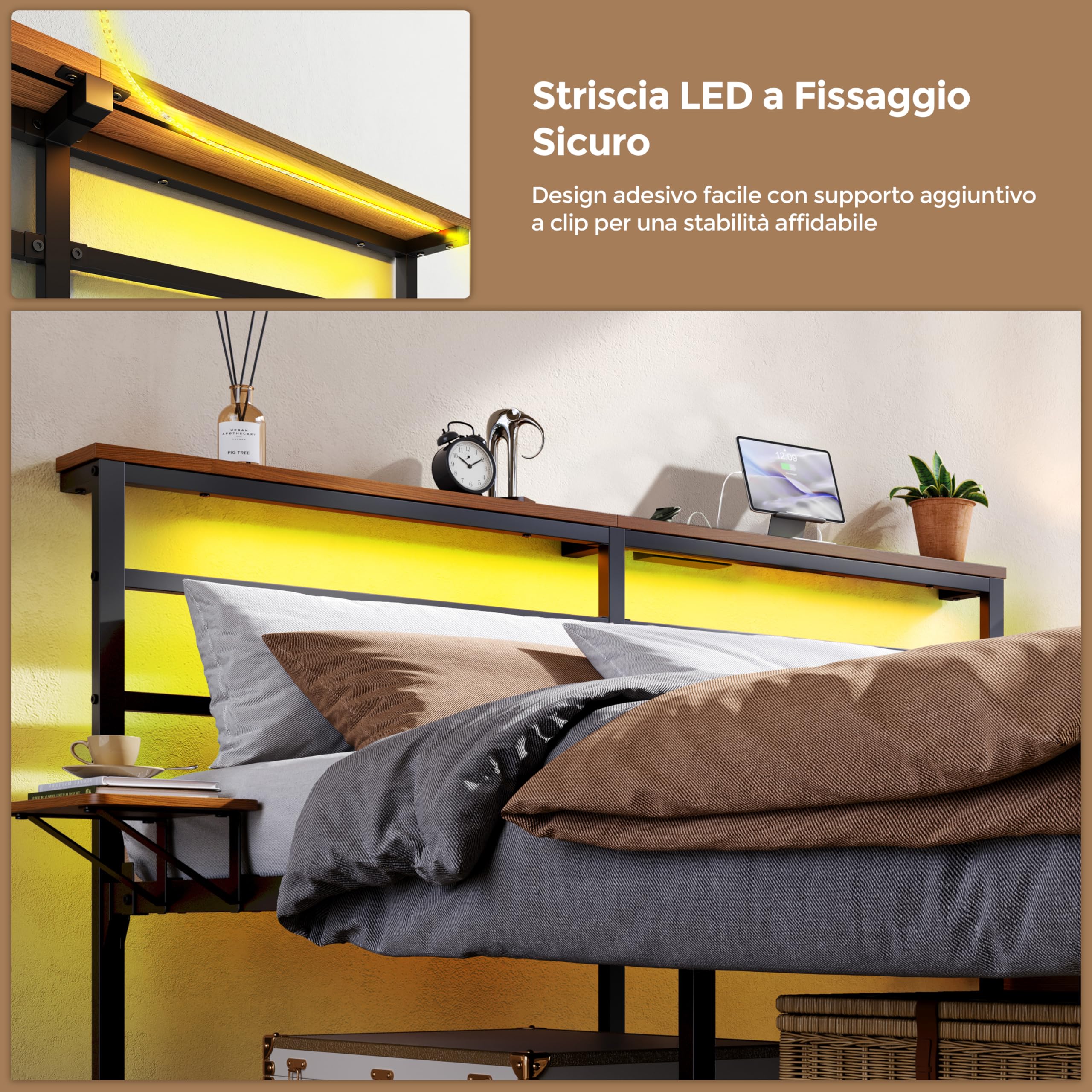 Yaheetech Letto 160 × 200 cm in Metallo, Letto Matrimoniale con Illuminazione a LED e Stazione di Ricarica, Struttura Letto con Testiera in Legno e Rack Laterale, Facile da montare