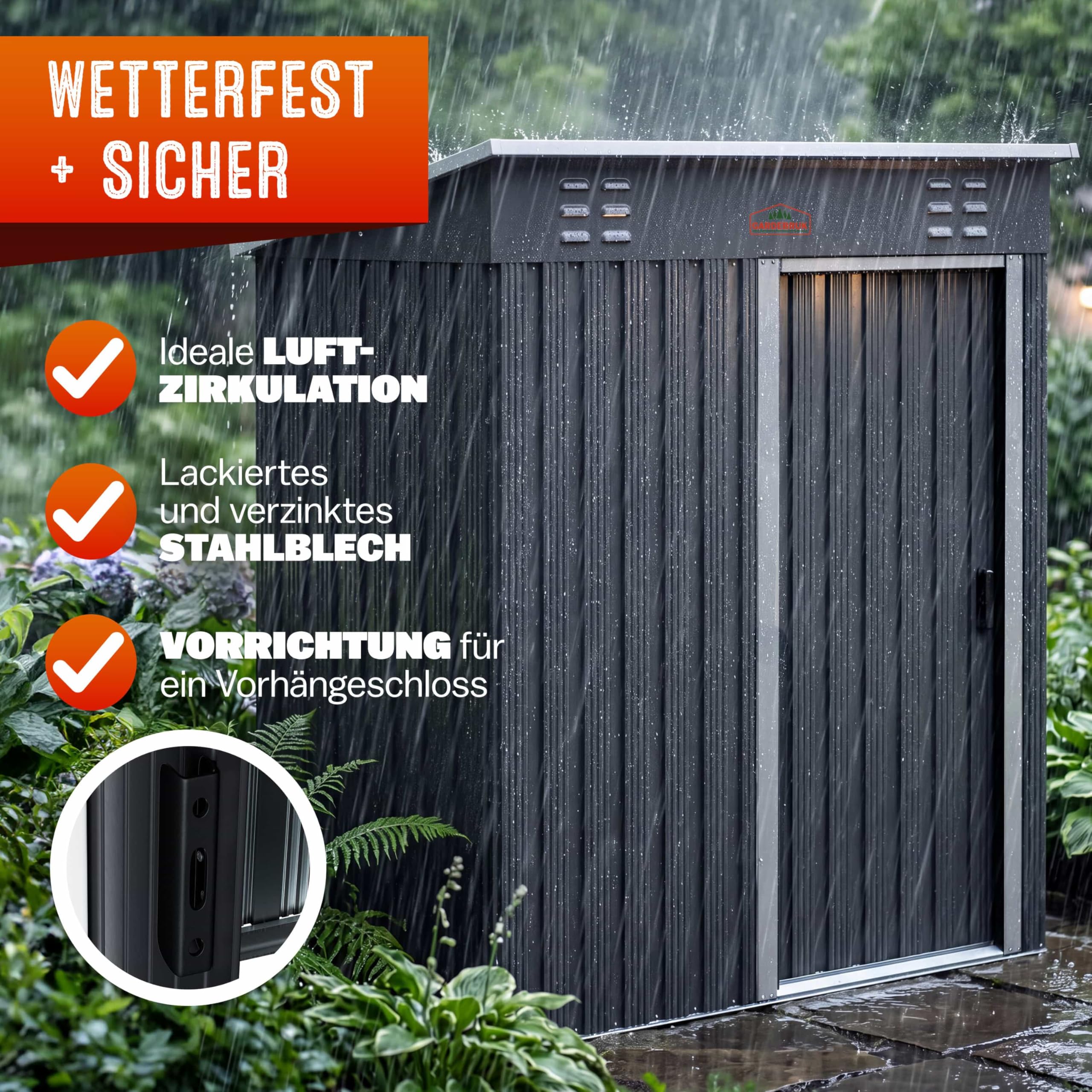 GARDEBRUK® Geräteschuppen NEUES Modell 2026 Gartenhaus 1,5m² 185x165x90cm Schiebetür 20kg Halter Handschuhe Belüftung Pultdach Graphit Gerätehaus