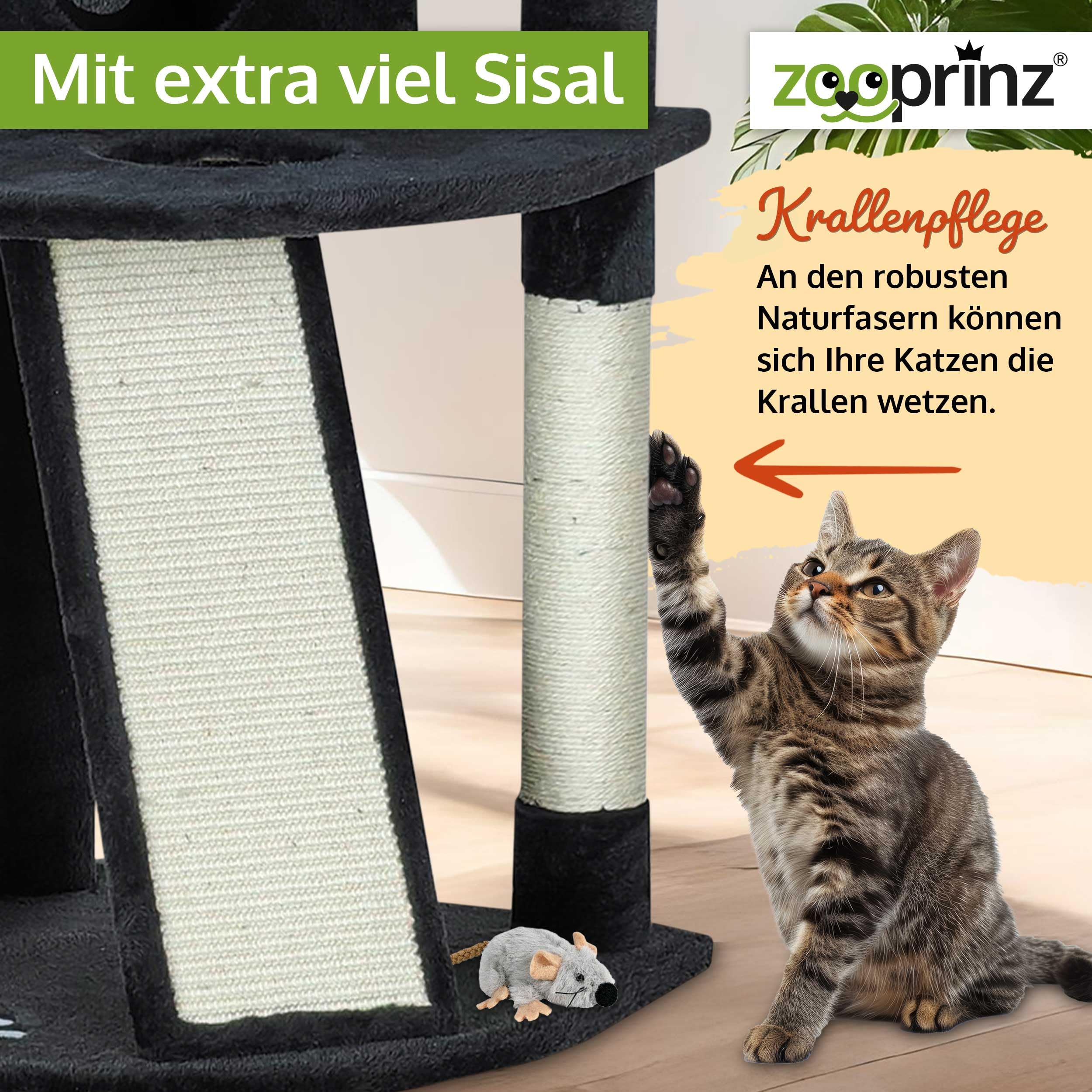 zooprinz Kratzbaum 121 cm schwarz mit Höhle und Liegefläche | Katzenkratzbaum mit Bett, Sisal-Kletterrampe und Kratzsäule, Katzenturm für Indoor-Katzen
