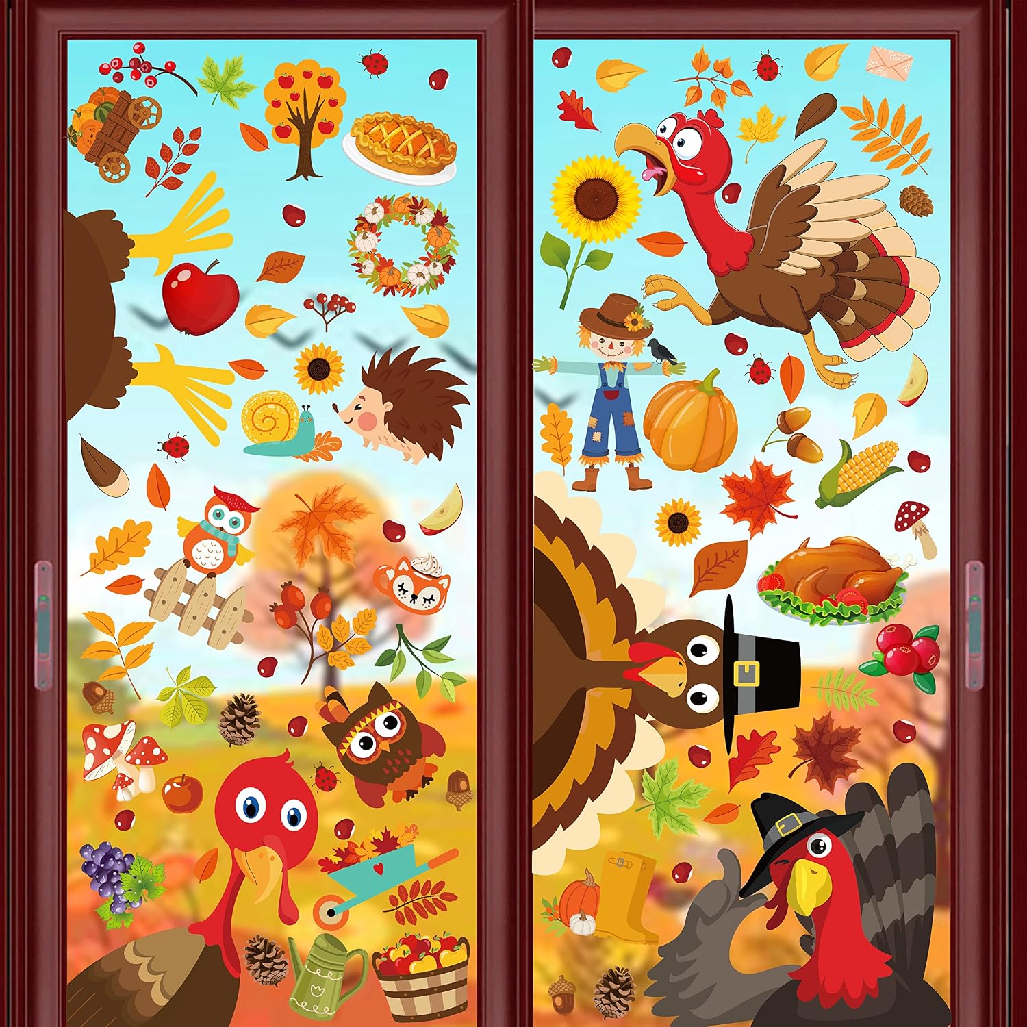 360 Pieces Thanksgiving Window Clings Turkey Decorations Fall Decor - Autumn Party Supplies Maple Leaves Pumpkin Corn Solgo Owl for Home