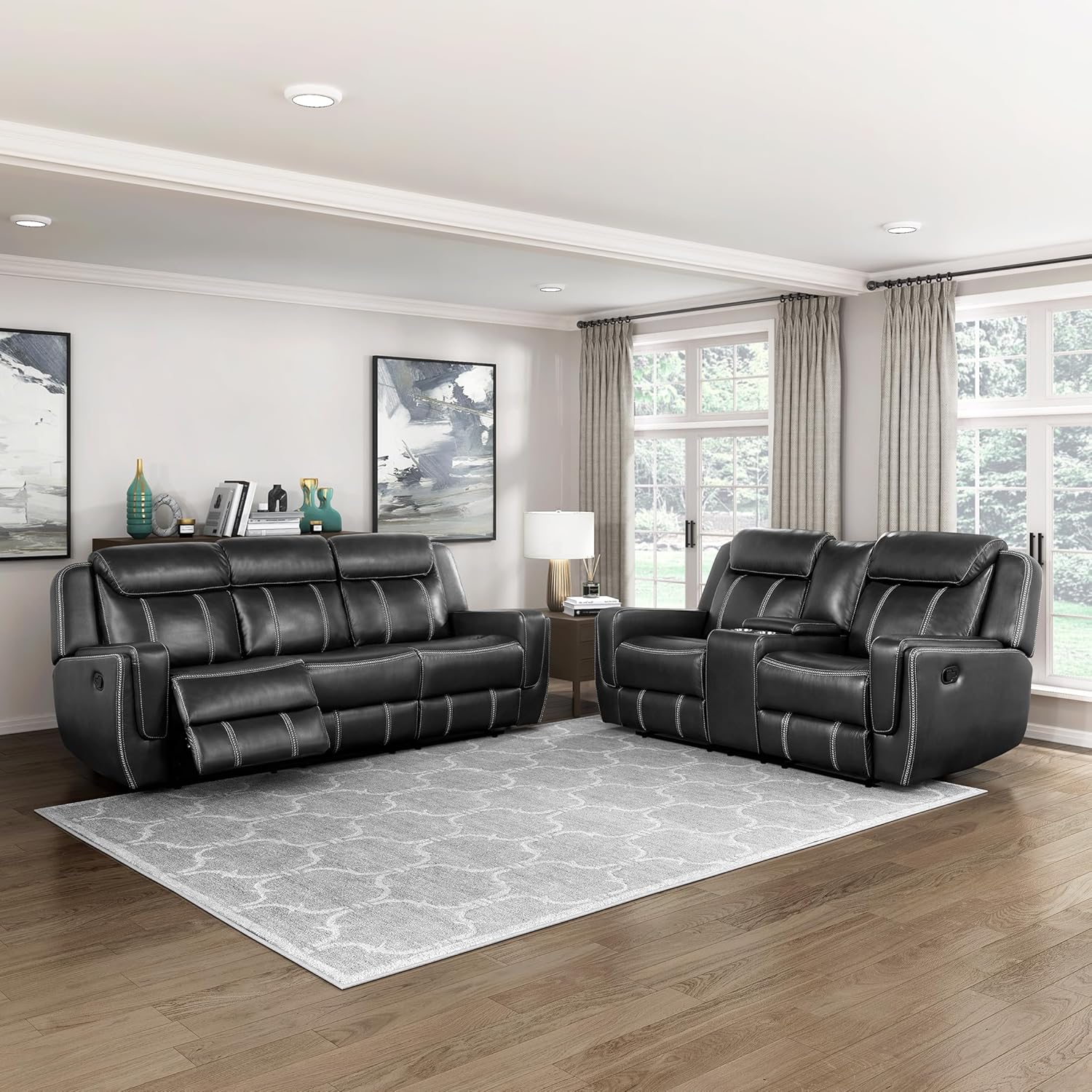 Lexicon Modern Black Faux Leather Recliner Living Room Set, 3-Seater Sectional Sofa with Loveseat, 2-Piece Set