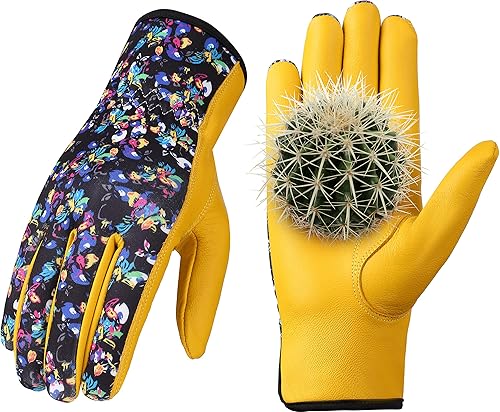 Miniatura 8 de Bamllum Guantes de cuero para jardinería para mujer, guantes de trabajo para deshierbe, excavación, plantación, rastrillo y poda