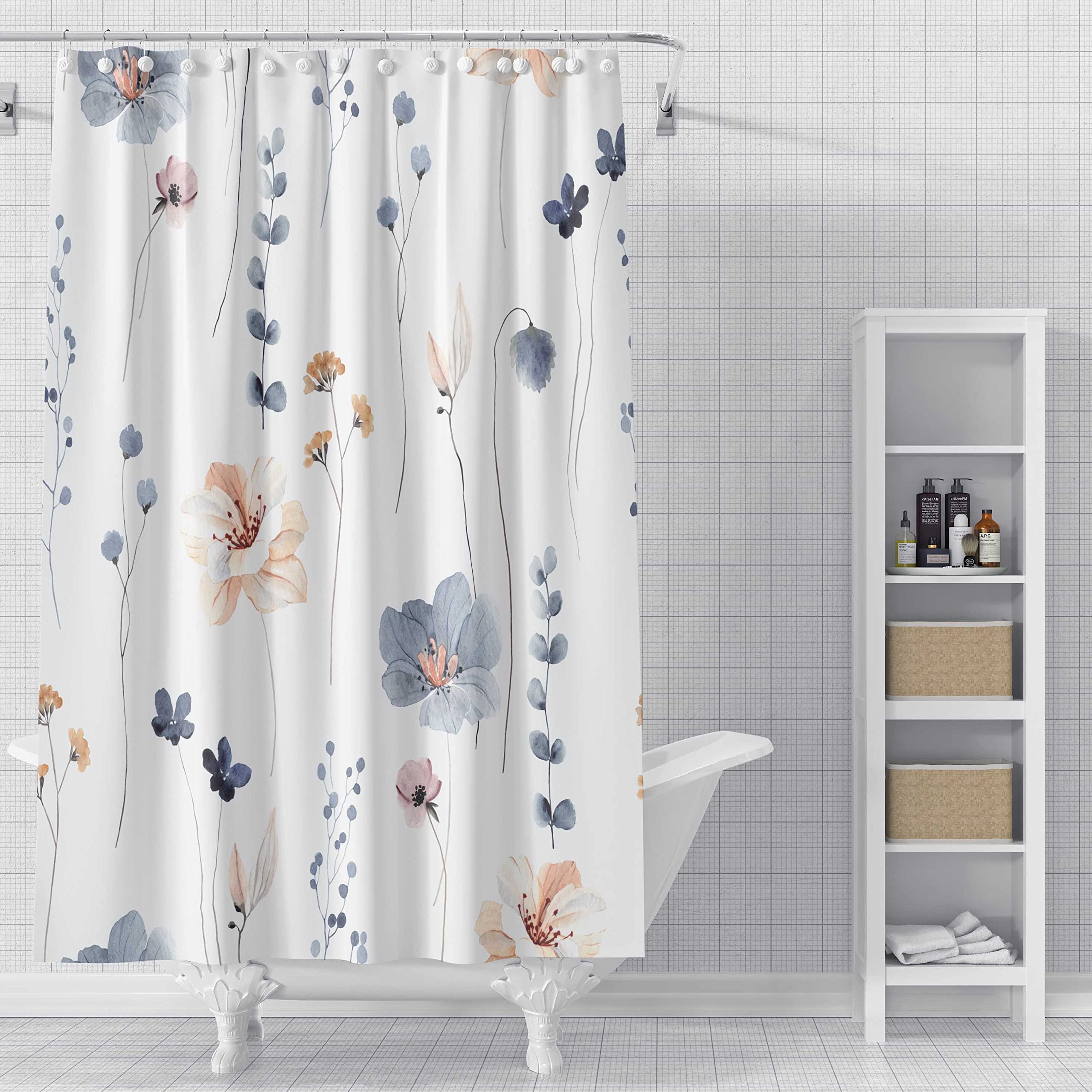 BIVINAR Blue Vintage Floral Shower Curtain 36 x 72 Inch, Floral Botanical Shower Curtain for Bathroom Decor, Wildflower Herb Shower Curtain with Hooks