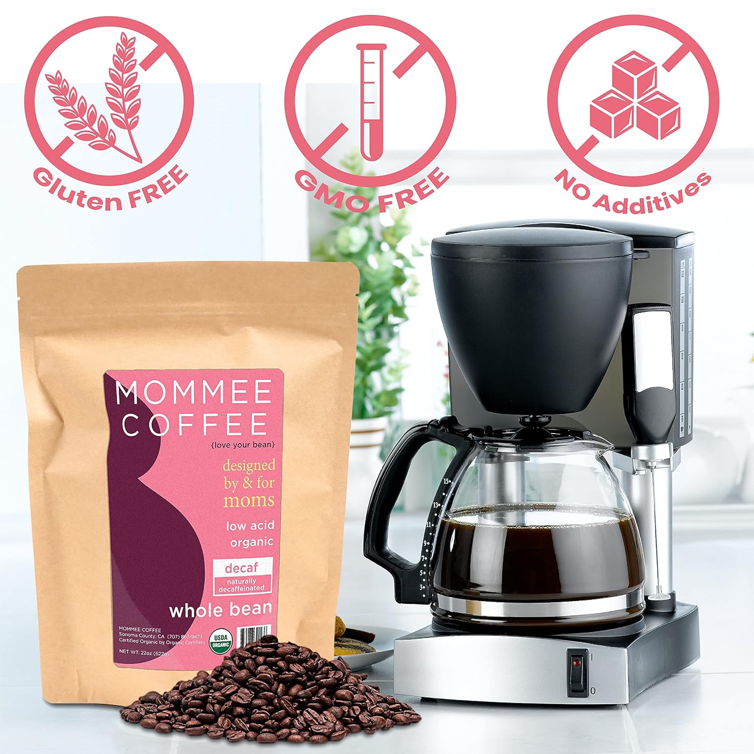 Mommee Coffee - Decaf | Low Acid, Organic, Fair Trade, Water Processed | Whole Bean, 22 oz.
