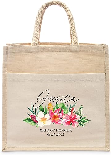 WEDDINGSTAR Bolso de mano de yute tejido mediano personalizado con bolsillo