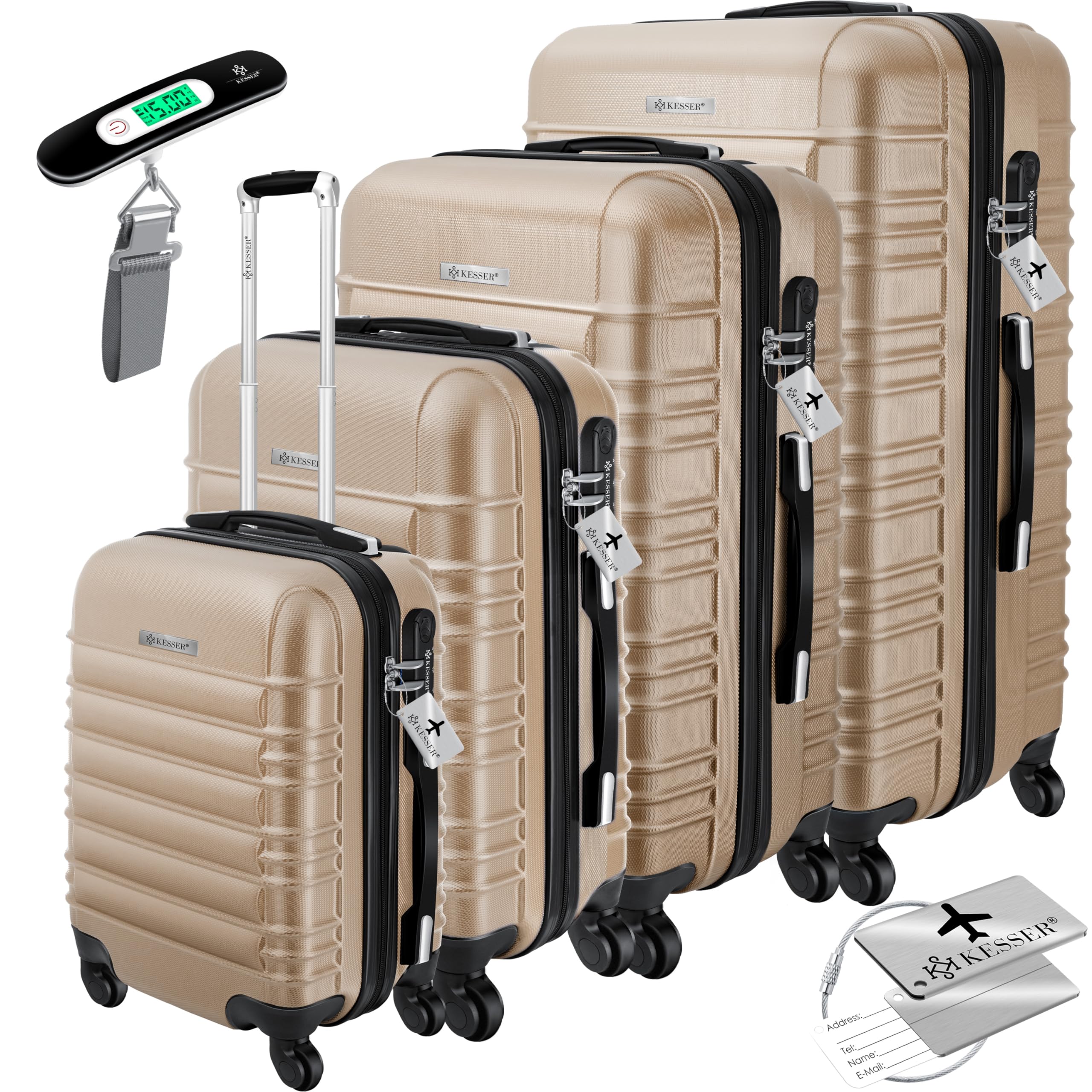 KESSER® Set di 4 valigie rigide, valigia da viaggio, set valigia trolley incl. bilancia per bagagli + etichetta per bagagli, serratura, 4 ruote ABS guscio duro manico telescopico S-M-L-XL