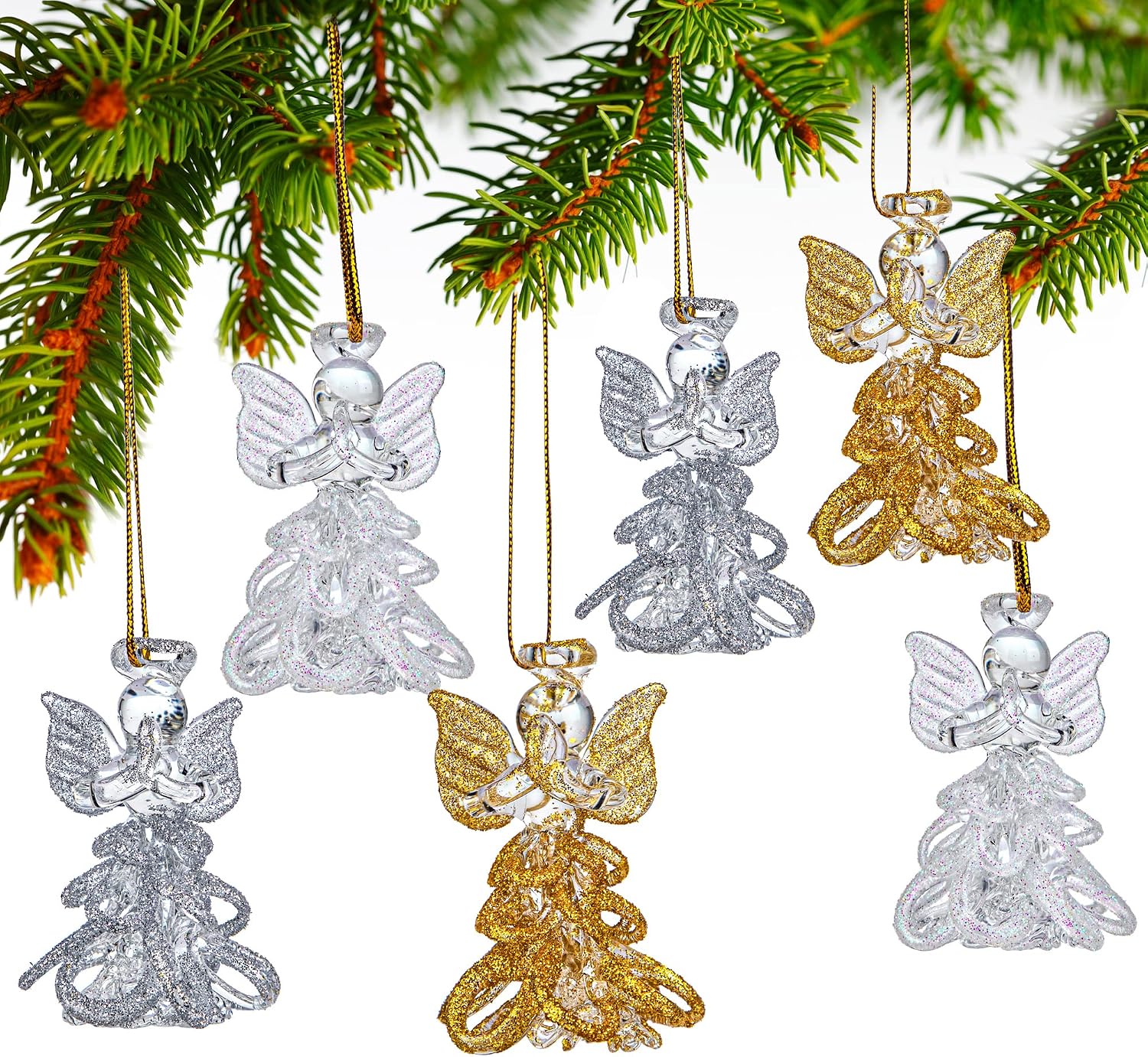 6pcs Glass Angel Ornaments Spun Angels Christmas Tree Ornaments 2.1" Colorful Mini Hanging Guardian Angel for Christmas Season Holiday Decor