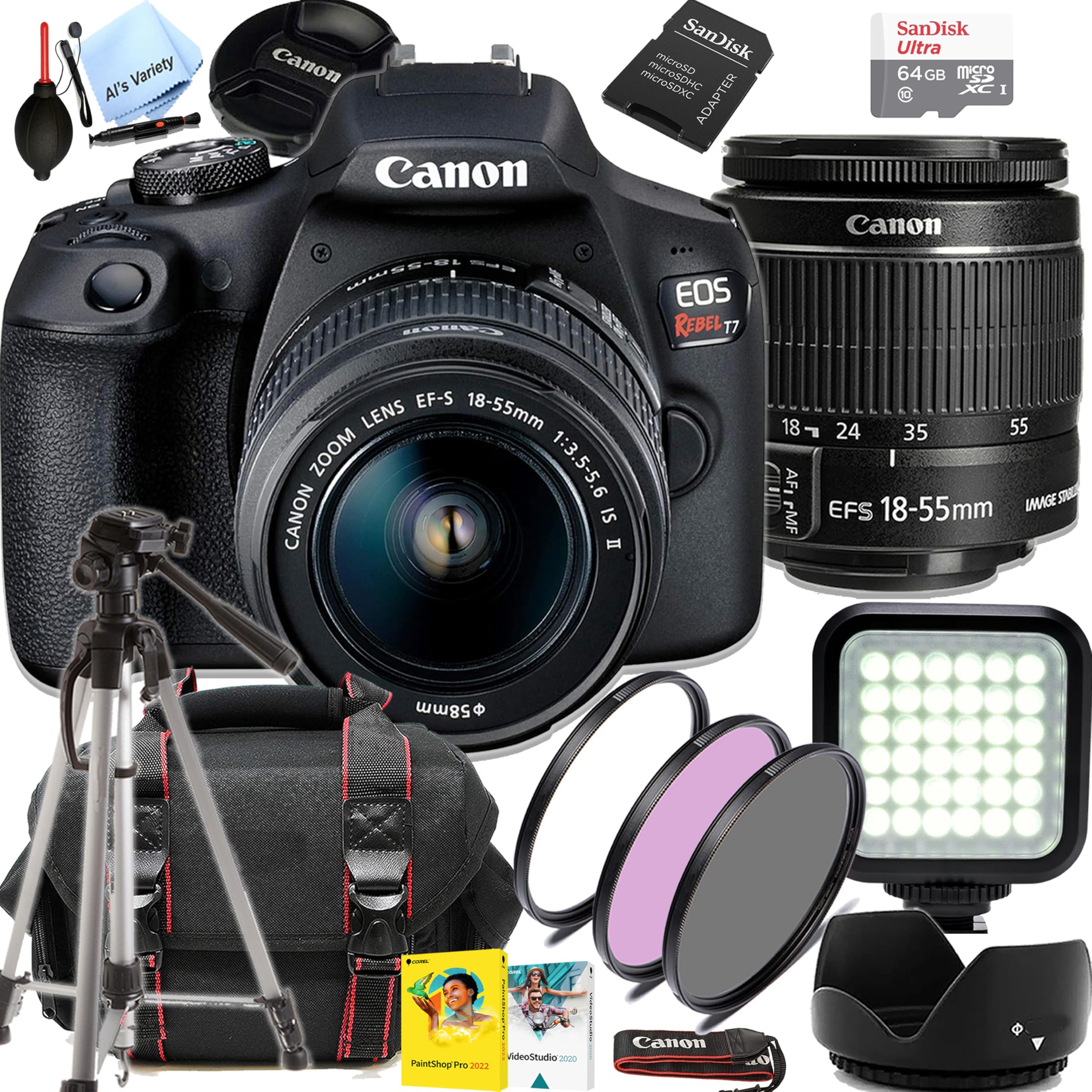 Canon EOS Rebel T7 DSLR Camera with 18-55mm f/3.5-5.6 Lens| 24.1MP APS-C CMOS Sensor | Full HD 1080/30 | DIGIC 4+ with, 64GB Memory, LED Video Light, Filter, Tripod and More (Renewed)