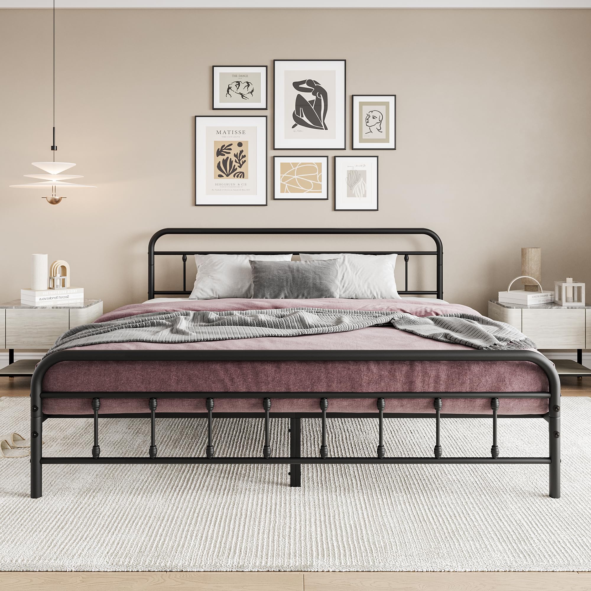 Elegant Home Products King Bed Frame with Headboard and Footboard,Metal Platform Bed Frame King Size,No Box Spring Needed,Mattress Foundation,Sturdy Steel Slat Support,Easy Assembly,Black