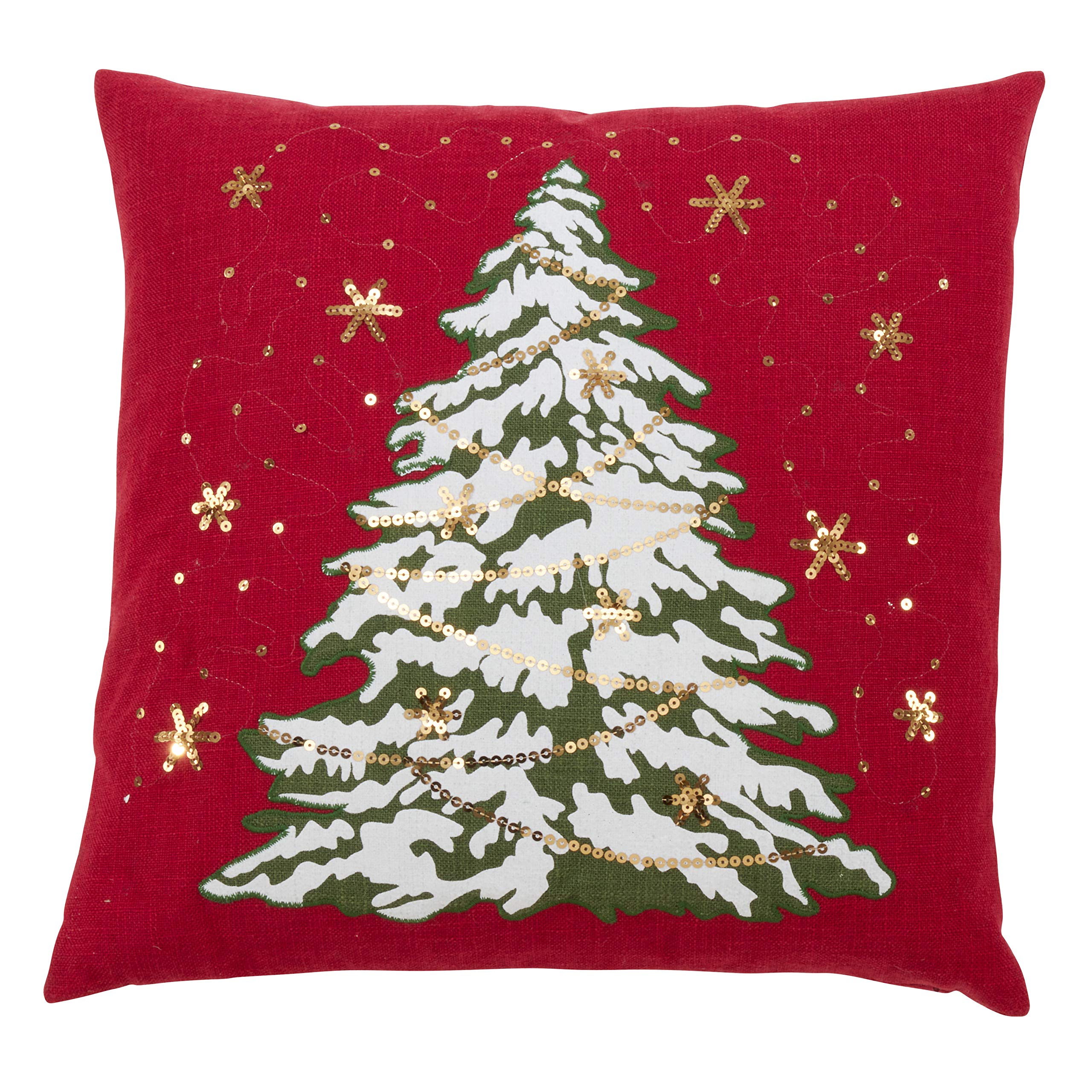 SARO LIFESTYLE O Tannenbaum Collection LED Lights Christmas Tree Pillow Cover, 18"x18", Red