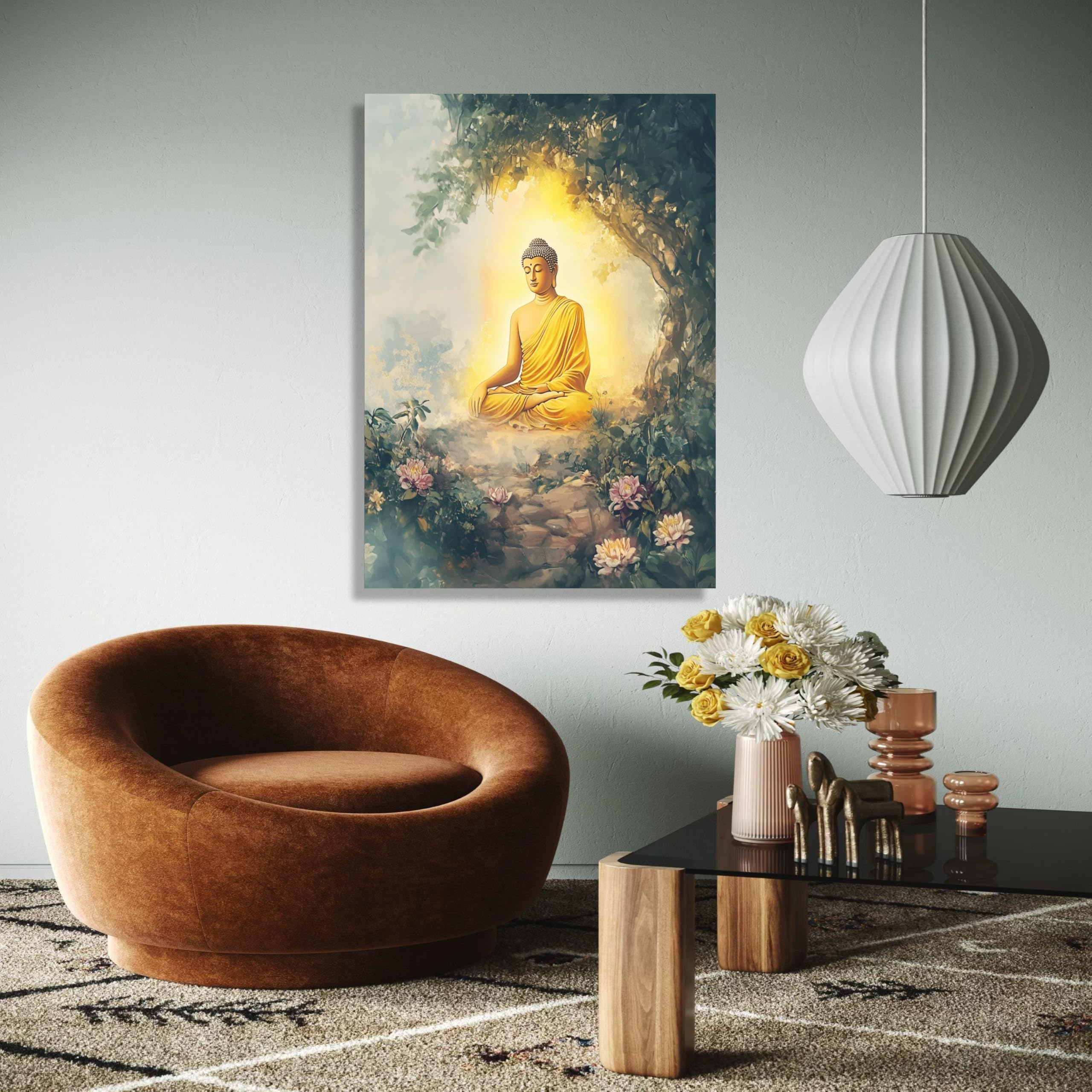 YUSUZHU Buddha in meditazione in un giardino tranquillo, arte murale spirituale su tela, arredamento zen per la casa, illustrazione di Buddha, poster dipinto (70x100 cm/cornice interna)