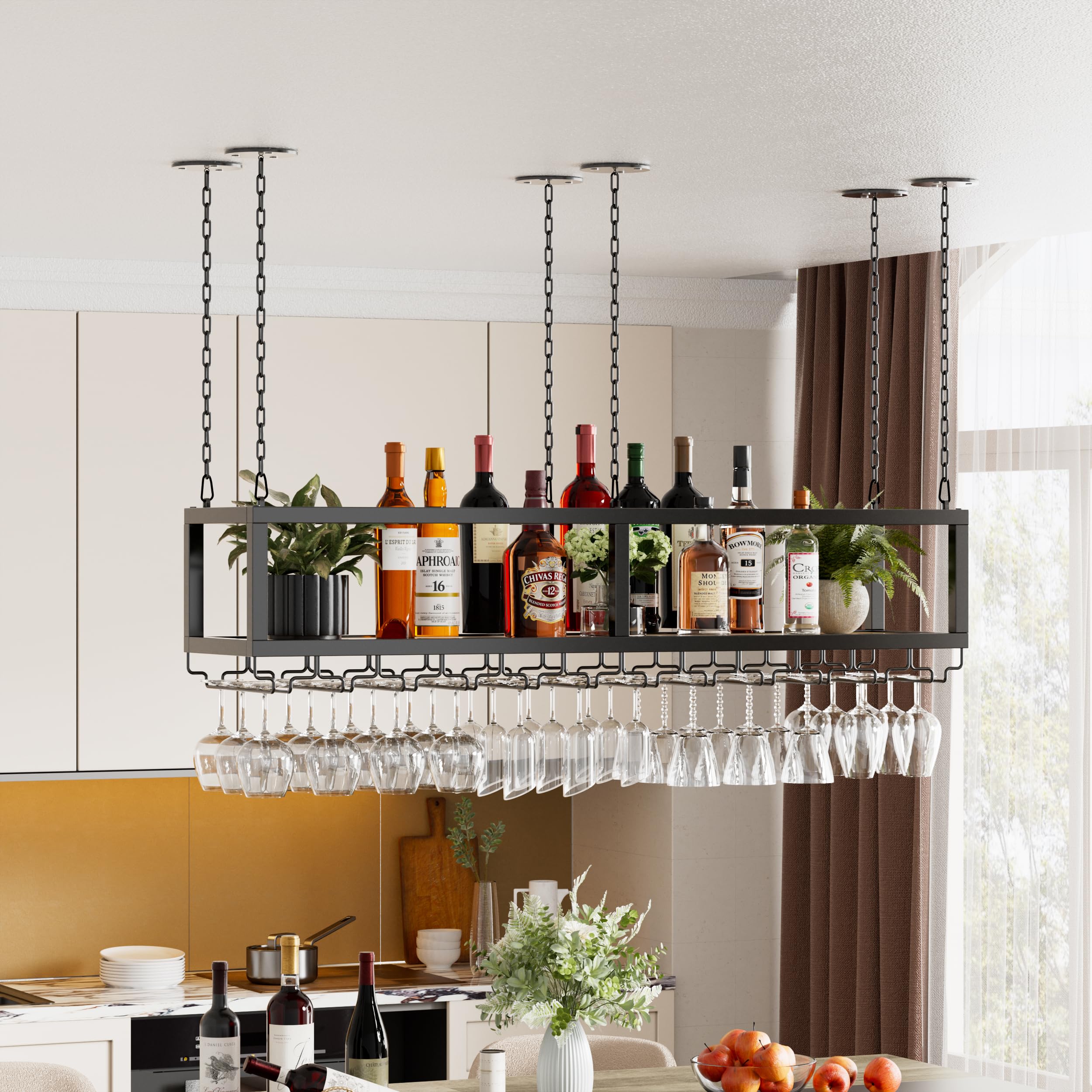 MSFE Portabottiglie da Soffitto Industriale Mensola da Soffitto Porta Bicchiere da Vino Sospeso Regolabile in Altezza Espositore Portabottiglie per Cucina Bar Caffetteria (120CM)