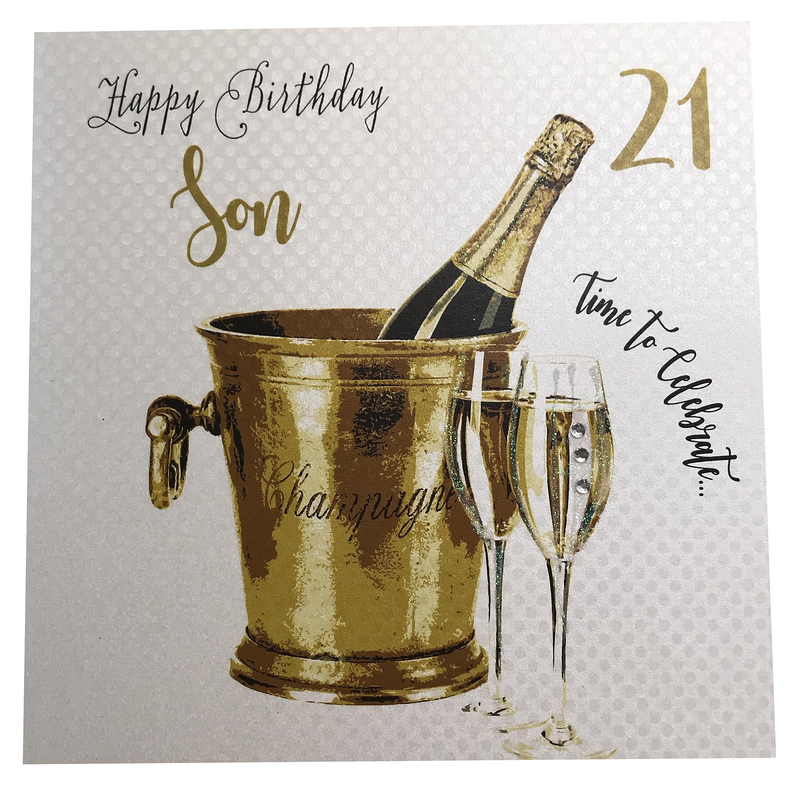 WHITE COTTON CARDS Champagne Bucket, Son 21 Happy Handmade 21st Birthday Card, White, WBS21-SON NEW