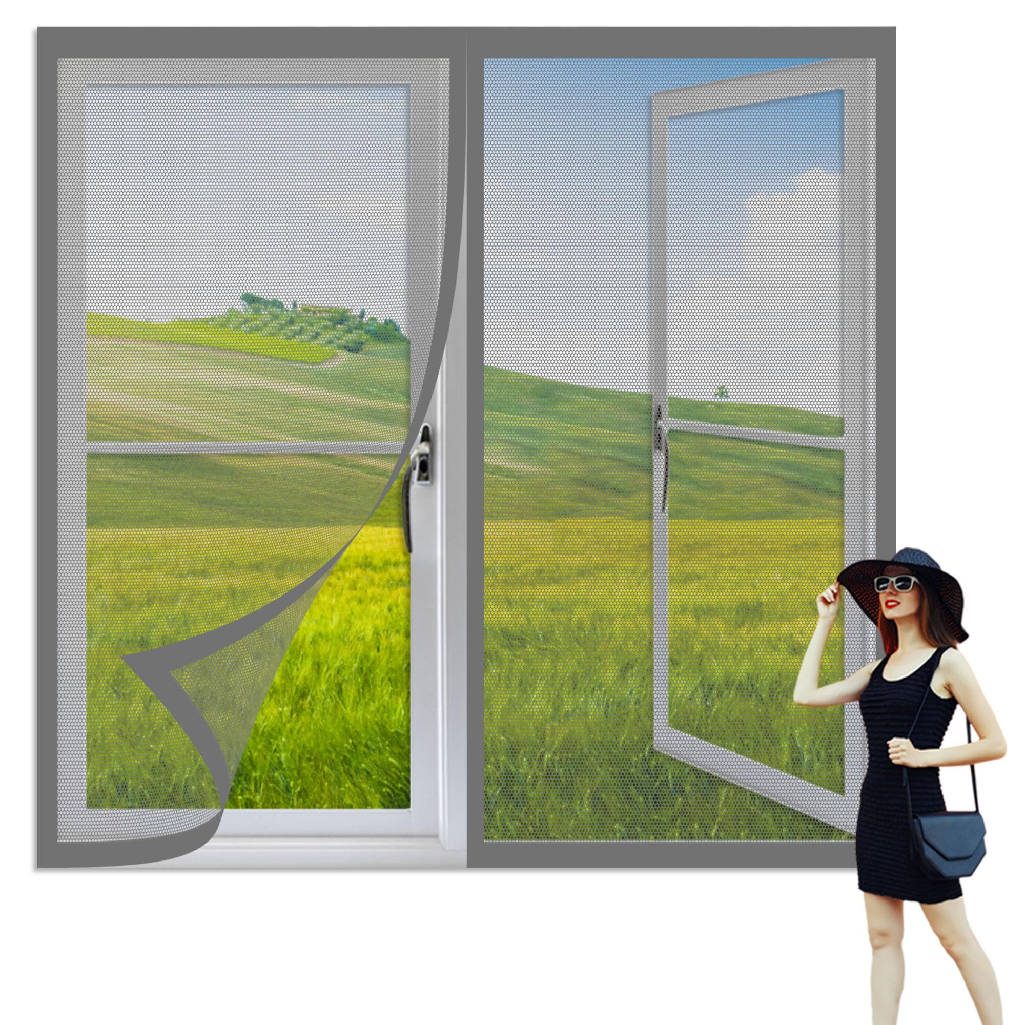 Magnetic Fly Screen Window 165 x 130 cm Selfadhesive Tape Window Netting for Insects Easy Installation for Living Room Bedroom Offfice, Grey