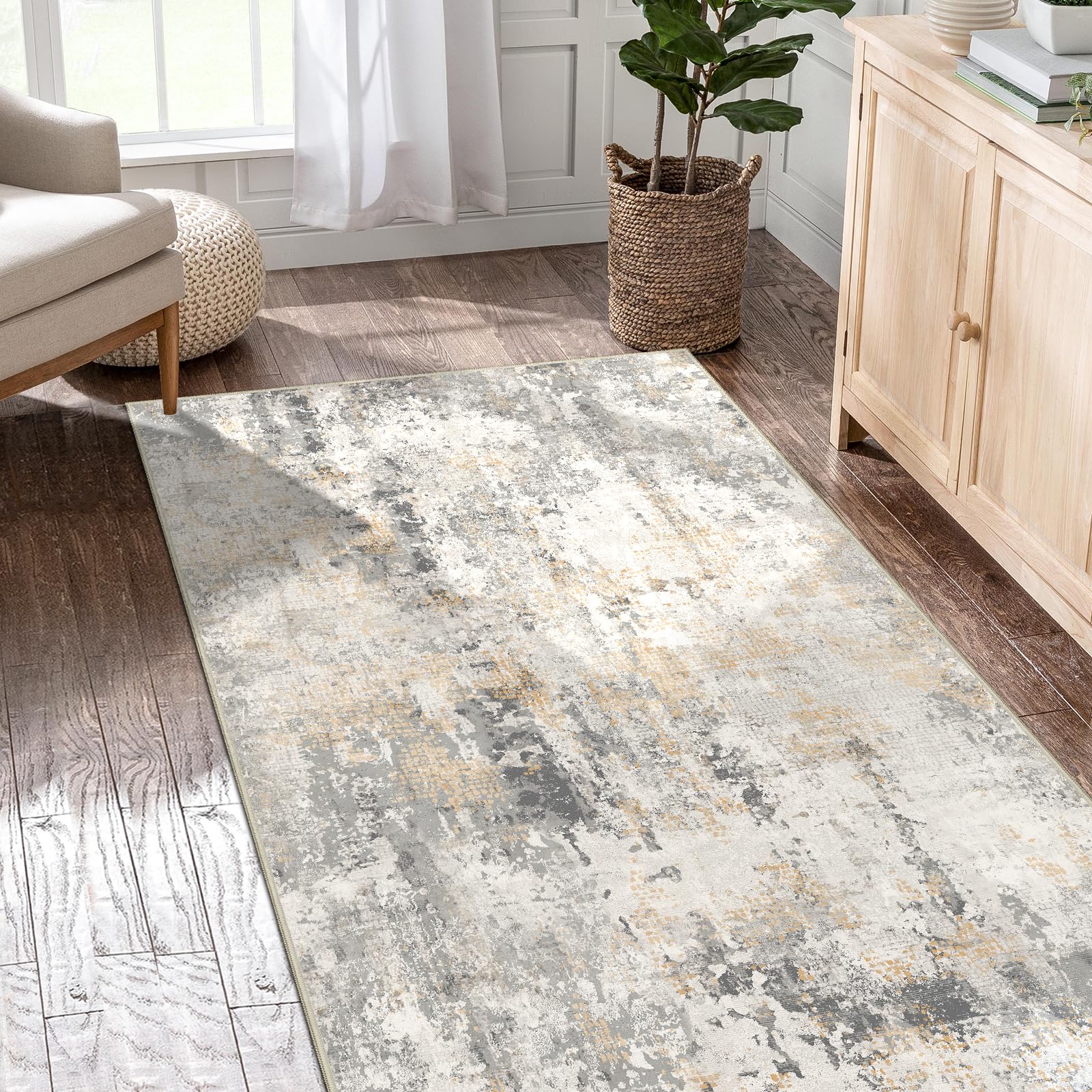Alfombra abstracta en gris dorado de 80x150 cm lavable para pasillo o cocina moderna Capslpad