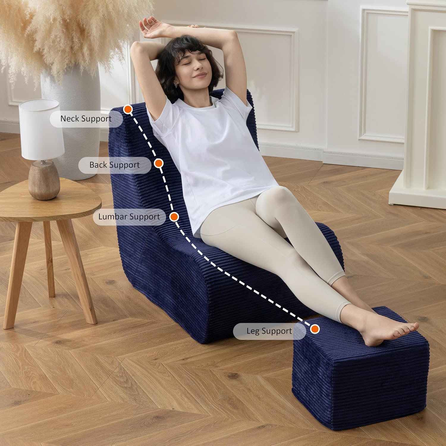 Microfiber Fleece Bean Bag Chair with Ottoman, 100% Polyurethane Foam Filled Ergonomic Floor Sofa for Living Room Bedroom, Navy