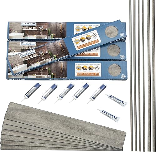 Palisade Kit envolvente para ducha y bañera de 47.7 pulgadas x 7.2 pulgadas de tablones de vinilo entrelazados en roble gris