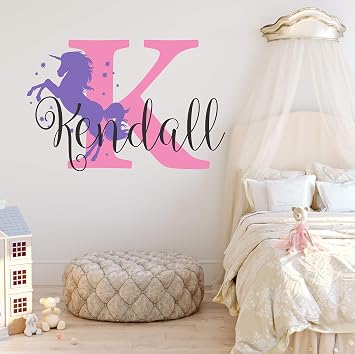 Nursery Unicorn Custom Wall Decal Sticker, Personalized Name and Initial Decor for Girls, Plus Free White Hello Door Decal S