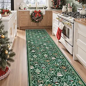 Madane Christmas Runner Rug 2x8, Washable Green Hallway Runner Rugs, Non-Slip Low-Pile Soft Kitchen Rug, Vintage Xmas Holiday Decor Throw Entry Foyer Mat for Entrance Laundry Living Room