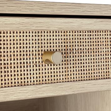 Nathan James Jackson Wall Mounted Rattan Floating Bedroom Nightstand with Storage Drawer and Modern Open Shelf Cubby, Light Oak/Rattan