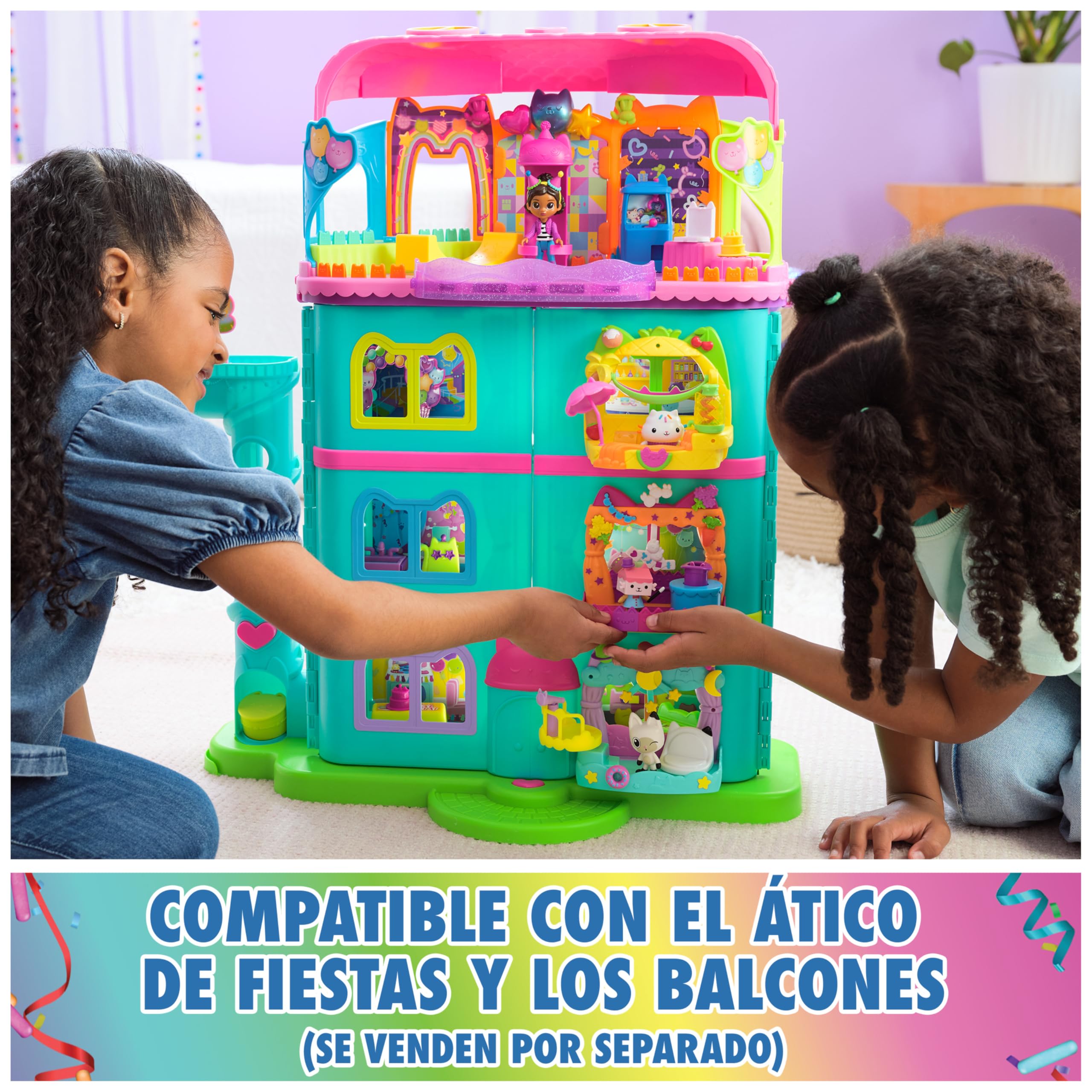 LA CASA DE MUÑECAS DE GABBY - CASA DE MUÑECAS FESTIVA GABBY'S DOLLHOUSE CON SONIDOS, FIGURA, 14 ACCESORIOS ARCOIRIS Y 2 CAJAS SORPRESA - 6070742 - Juegos Infantiles - Juguetes Niños 3 años +