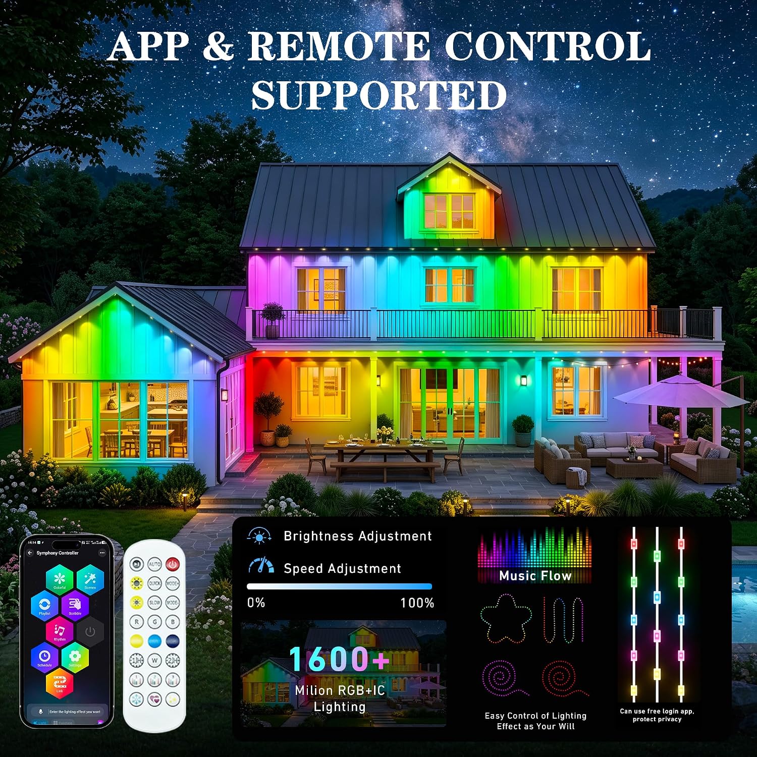 Permanent RGB+IC Eave Lights 100FT, IP67 Waterproof LED, App Music Sync for Home & Holiday Decor