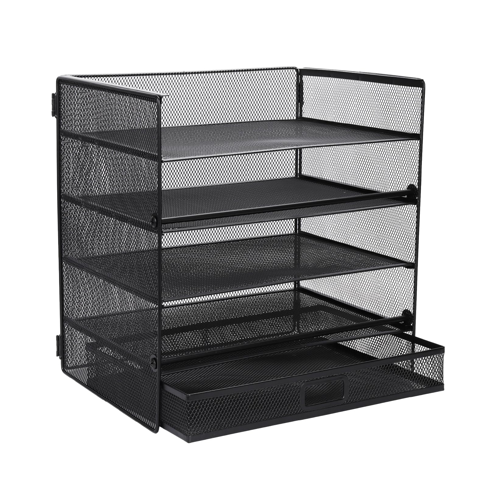 Cinnani Organizador de escritorio,bandeja de papel de 5 niveles con cajón, organizador de compartimentos de almacenamiento con carpetas,cartas,papel,bandeja organizadora de escritorio de metal (negro)