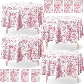 Ganeen 12 Pcs Pink Floral Plastic Tablecloth 84 Inch Round Tea Party Tablecloth Vintage Flower Disposable Pink and White Table Covers Waterproof for Birthday Wedding Baby Shower Decoration