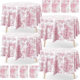 Ganeen 12 Pcs Pink Floral Plastic Tablecloth 84 Inch Round Tea Party Tablecloth Vintage Flower Disposable Pink and White Table Covers Waterproof for Valentine Birthday Wedding Baby Shower Decoration