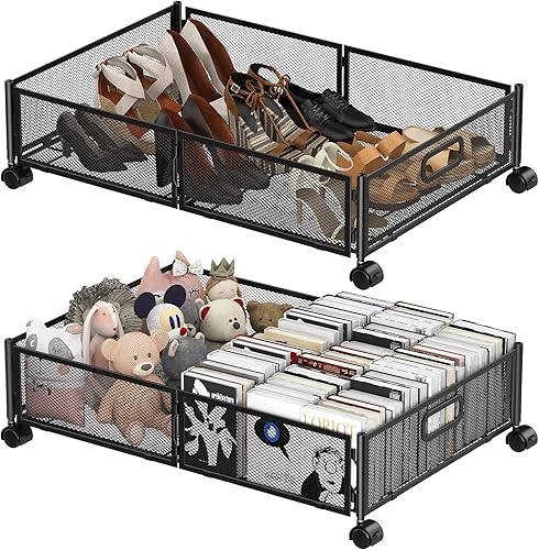 Contenedores de almacenamiento para debajo de la cama, paquete de 2 contenedores de almacenamiento plegables debajo de la cama con asas y ruedas,
