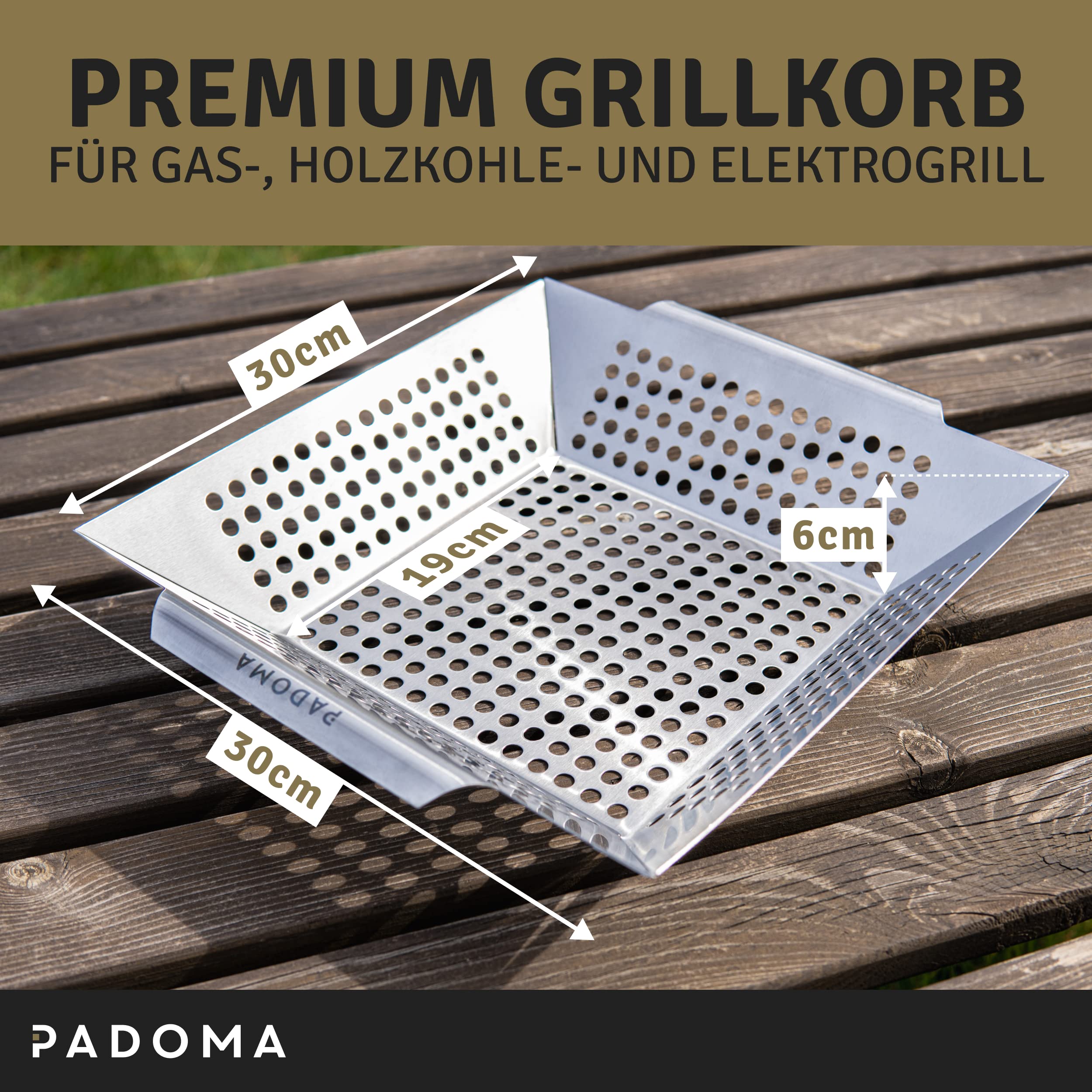 Grillkorb aus Edelstahl Grillschale 30 x 30 x 6 cm für alle Grillarten perfekt für Fleisch, Gemüse und Fisch spülmaschinengeeignet