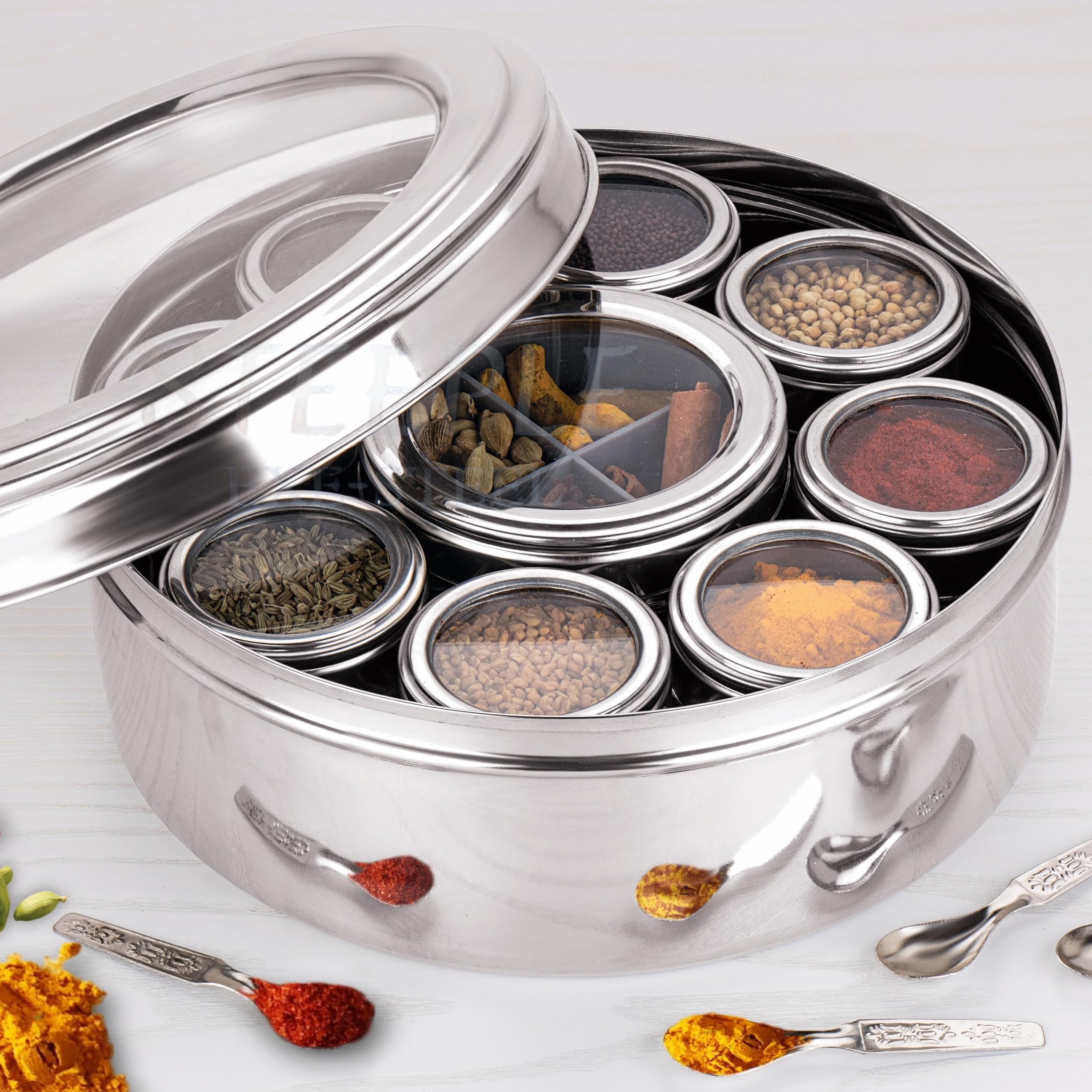 STEEPLE 12 In 1 Stainless Steel Masala Box | Spice Box For Kitchen | Large Masala Dabba with See-Through Lid | Steel Masala Dani 2.5L Spice Organizer with 12 Compartment (22.5 cm, Silver)-image-32